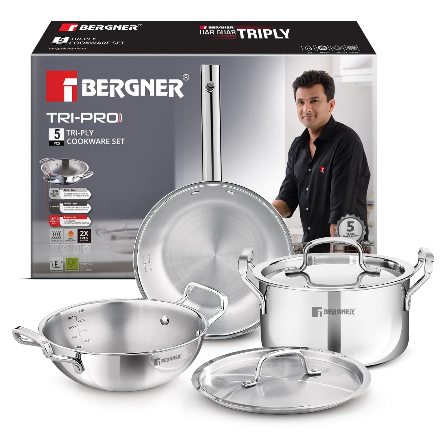 Bergner TriPro 5-Piece Triply Stainless Steel Cookware Set