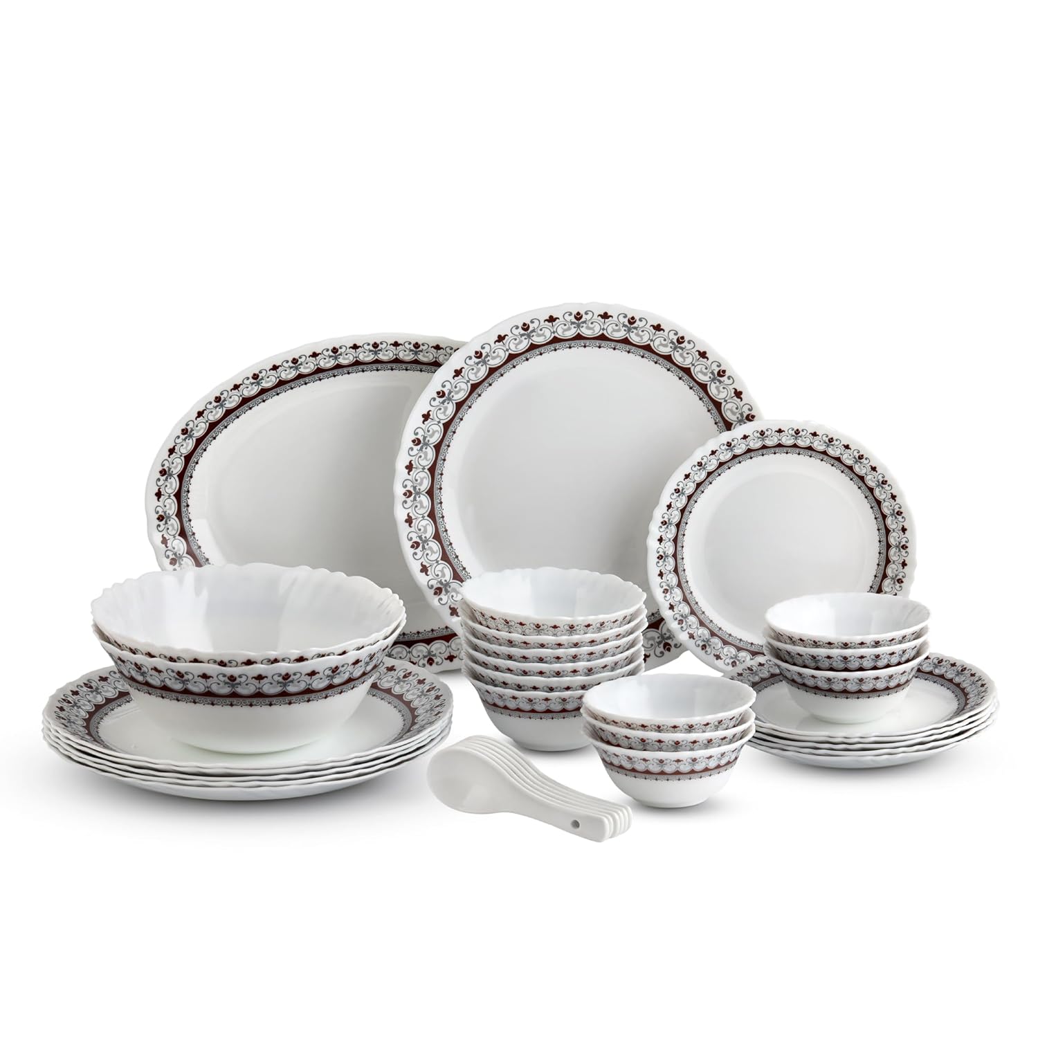 CELLO Lumina Imperial Plus Series Opalware Dinner Set of 33 Pieces For Family of 6 | Bone-Ash Free & Leadfree Opal Glass Microwave & Dishwasher Safe Crockery Plates & Bowls Set For Daily Use & Gifting