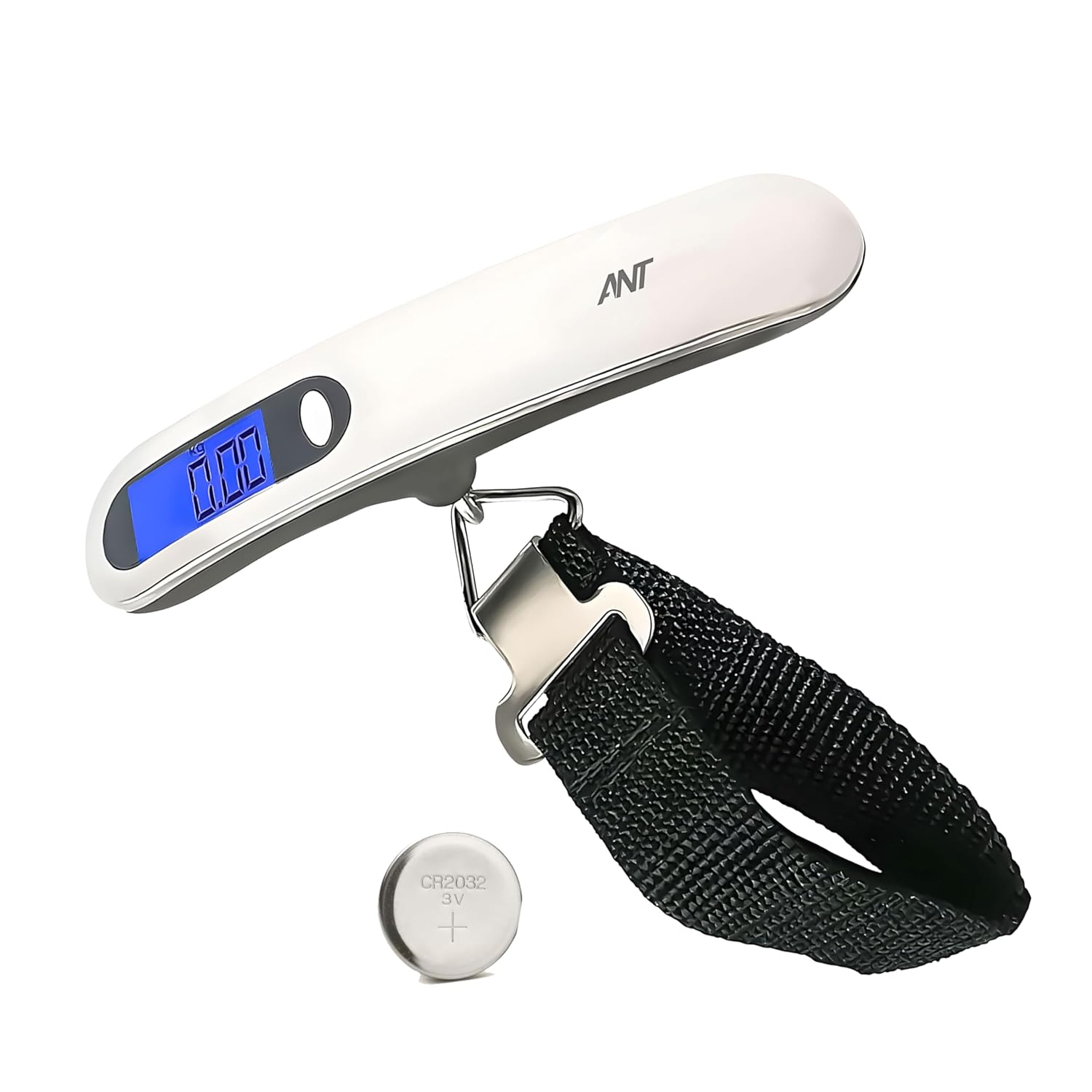 ANT Digital Luggage Scale 50kg – Portable High-Precision Travel Weight Scale with Backlit LCD, Strap Hook, Tare & Unit Switch – Ideal for Flights, Suitcases, Parcels – White