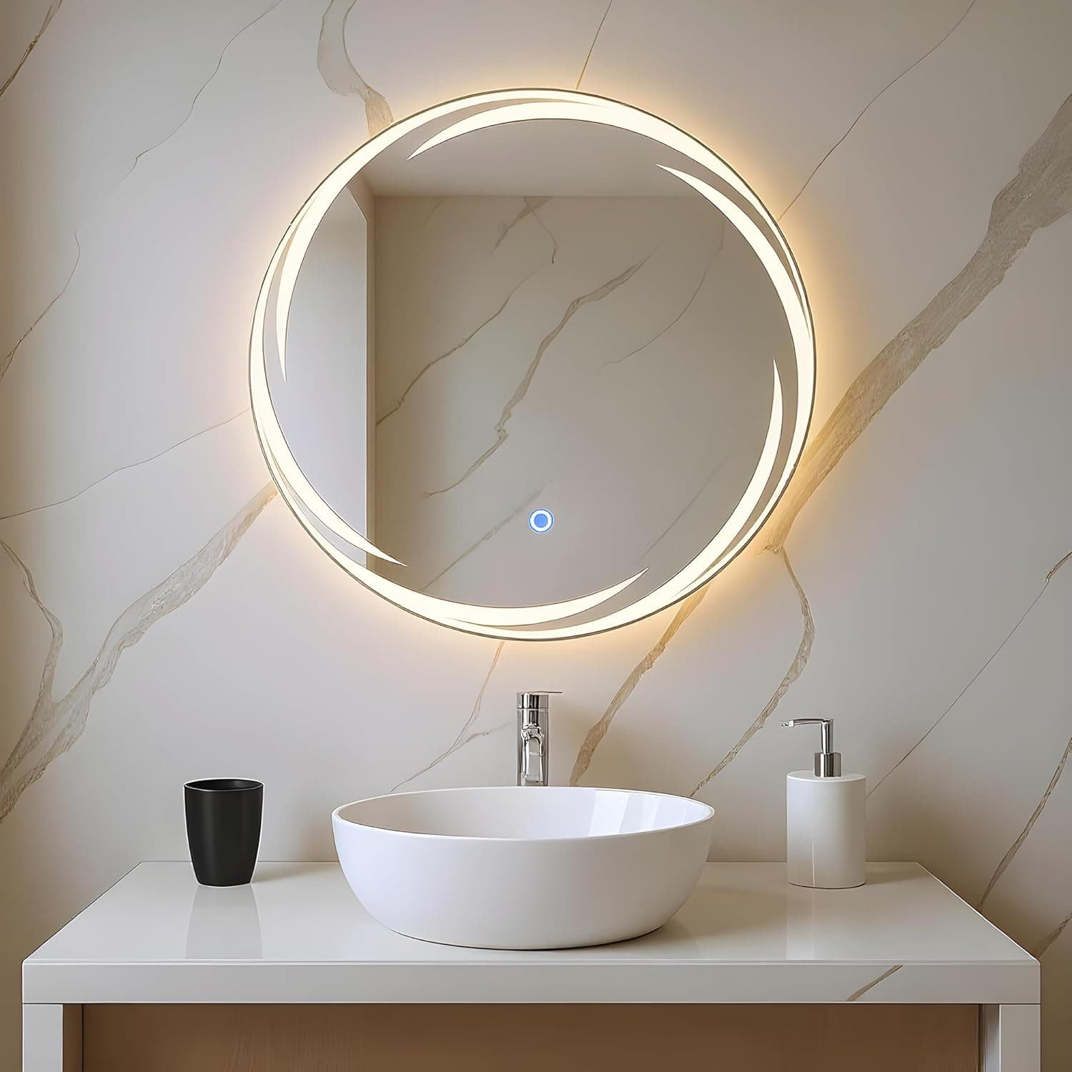 Amazon Basics Round Glass | 18 x 18 Inch Wall-Mounted LED Mirror with Smart Sensor | 3-Color Light (Warm, White, Natural)