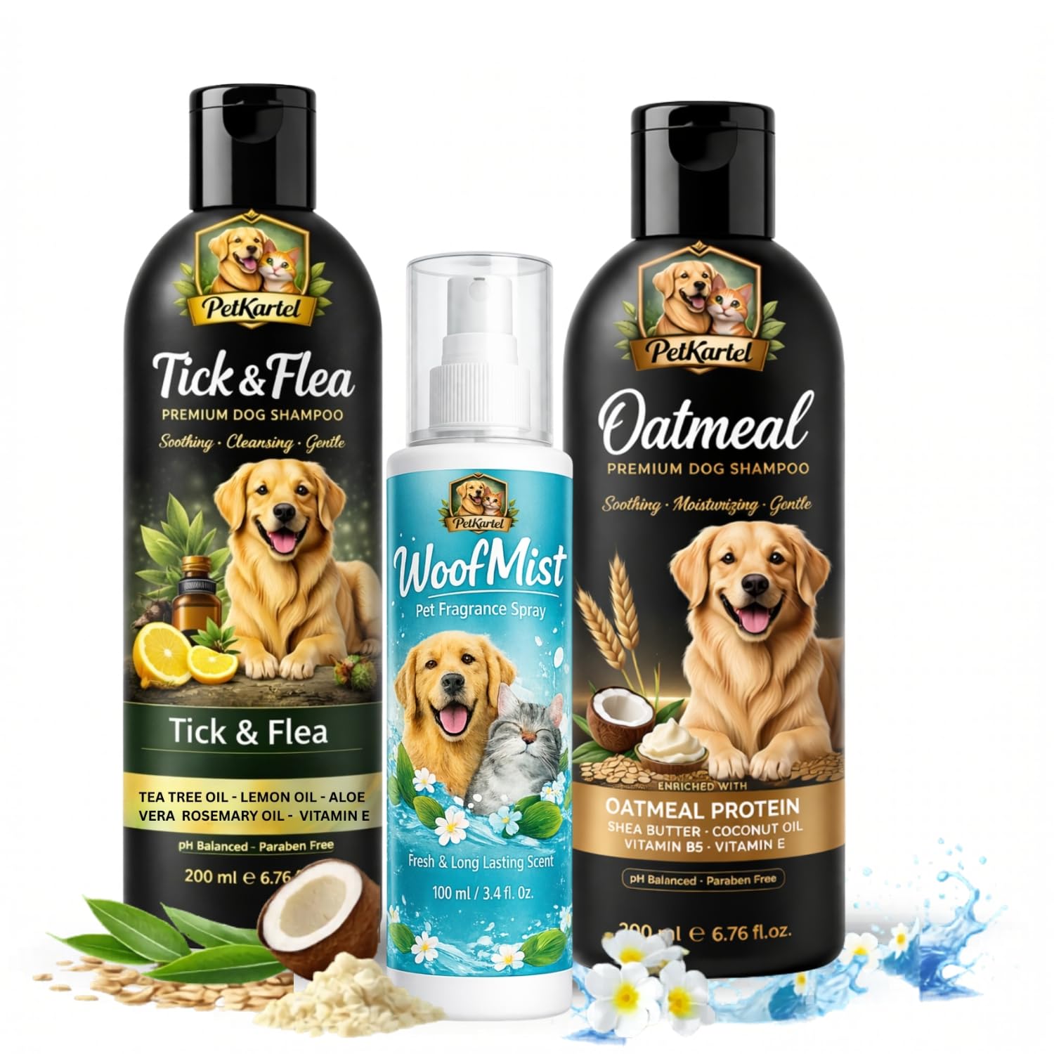 Oatmeal Dog Shampoo 200ml + Tick & Flea Dog Shampoo 200ml + WoofMist Pet Perfume Spray 100ml Combo | Tea Tree Lemon Aloe Soothing Moisturizing & Anti Tick Cleansing | Grooming Kit