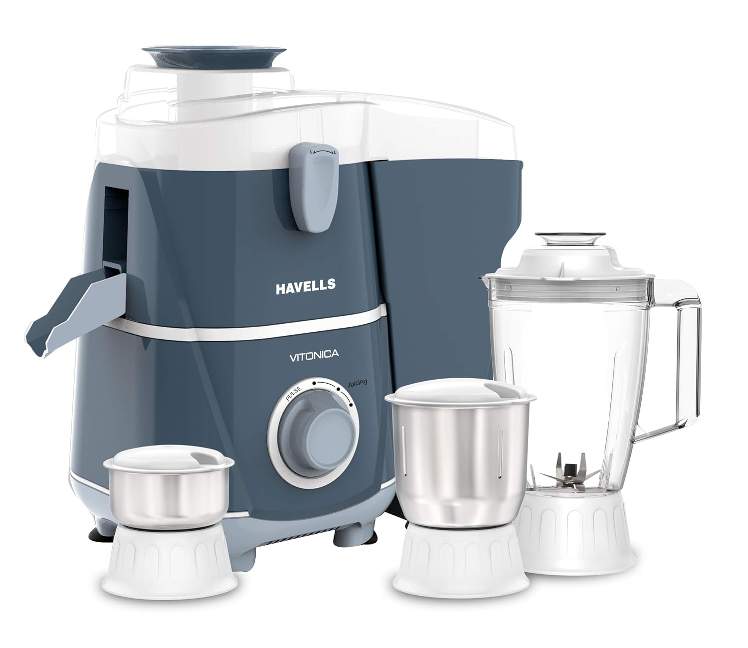 Havells Vitonica 500W Juicer Mixer Grinder 3 Stainless Steel Jars | Large Pulp Container | Foldable Juicing Spout| 2 Years Door Step Warranty by Havells (White & Light Blue)
