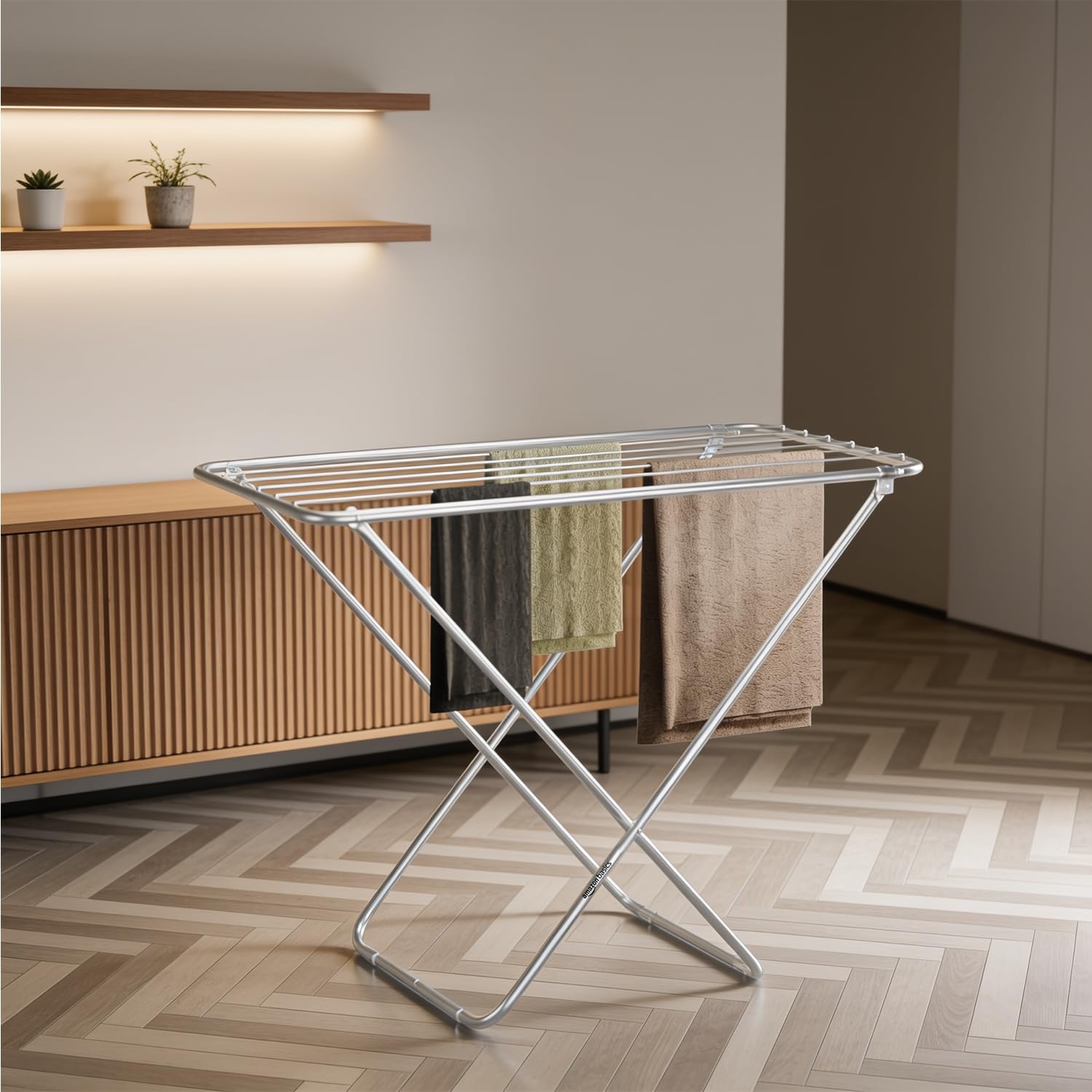 amazon basics Mild Steel Cloth Drying Stand - Folding, 30 Feet Drying Length, 8 Drying Rails, Lightweight (Silver)