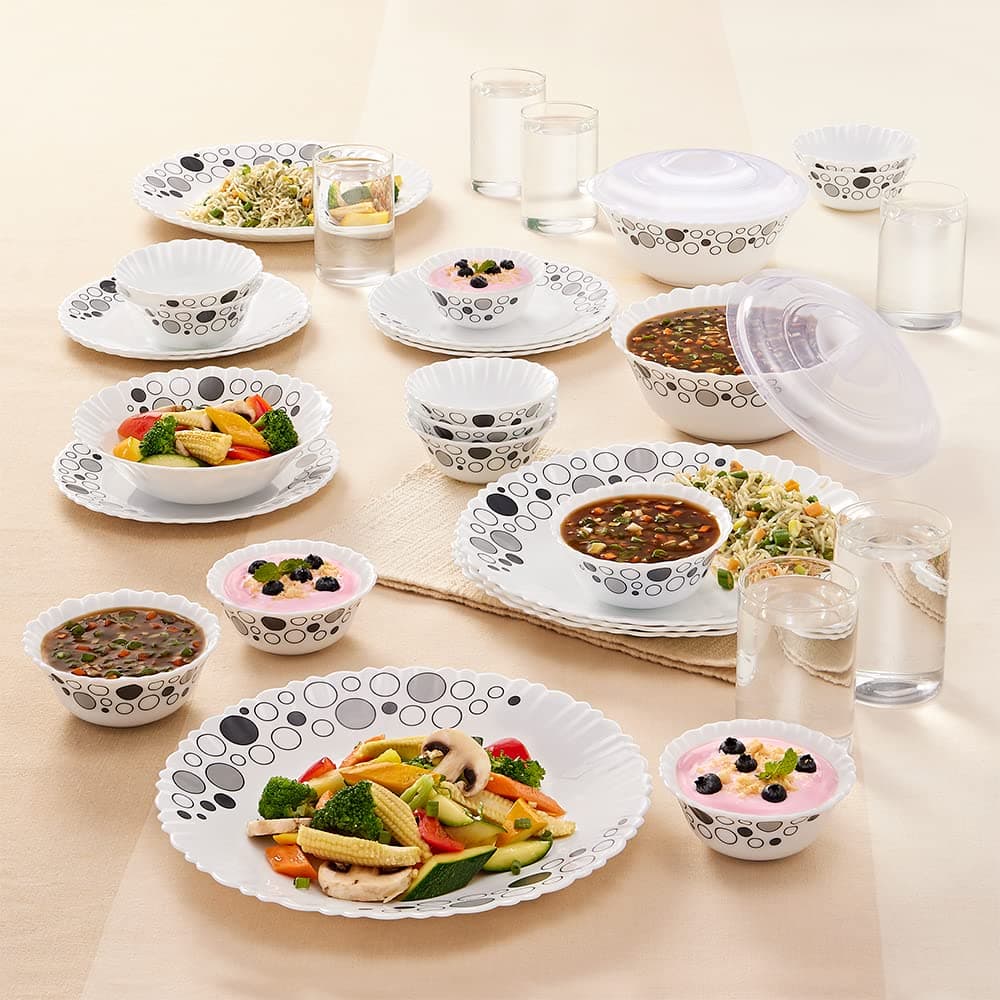 Larah by Borosil Luna 35 Pieces Opalware Dinner Set