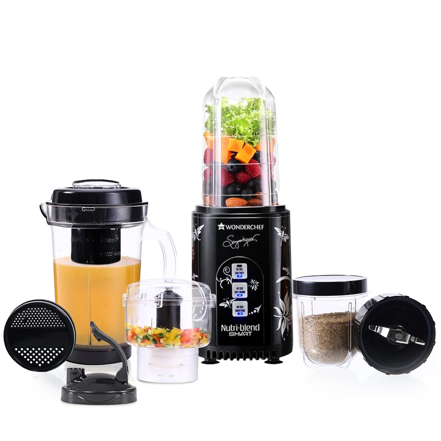 Wonderchef Nutri Blend Smart CKM Automatic Mixer Grinder with Dual Pulse Function | 22000 RPM | 100% Full Copper Motor | 4 Unbreakable Jars | 500 W | 2 Years Warranty | Recipe book by Chef Sanjeev Kapoor | Black