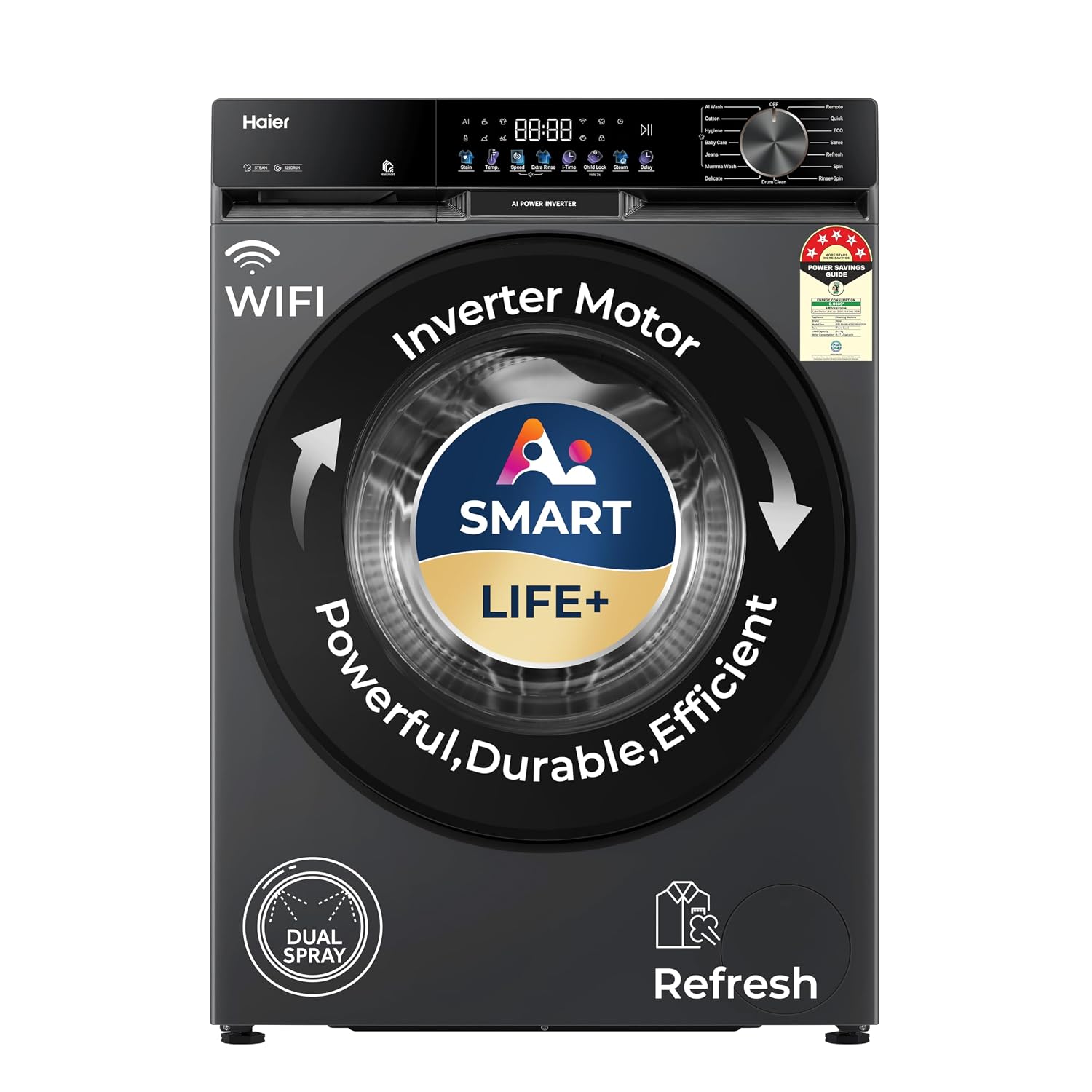 Haier 9 Kg, 5 Star, AI Smart LIFE+, Hygienic Care, ABT, 525 mm Super Drum, Refresh, Direct Motion Motor, WiFi enabled, Fully Automatic Front Load Washer (EFL90-IM14F5ES8U1 | Dark Jade Silver)