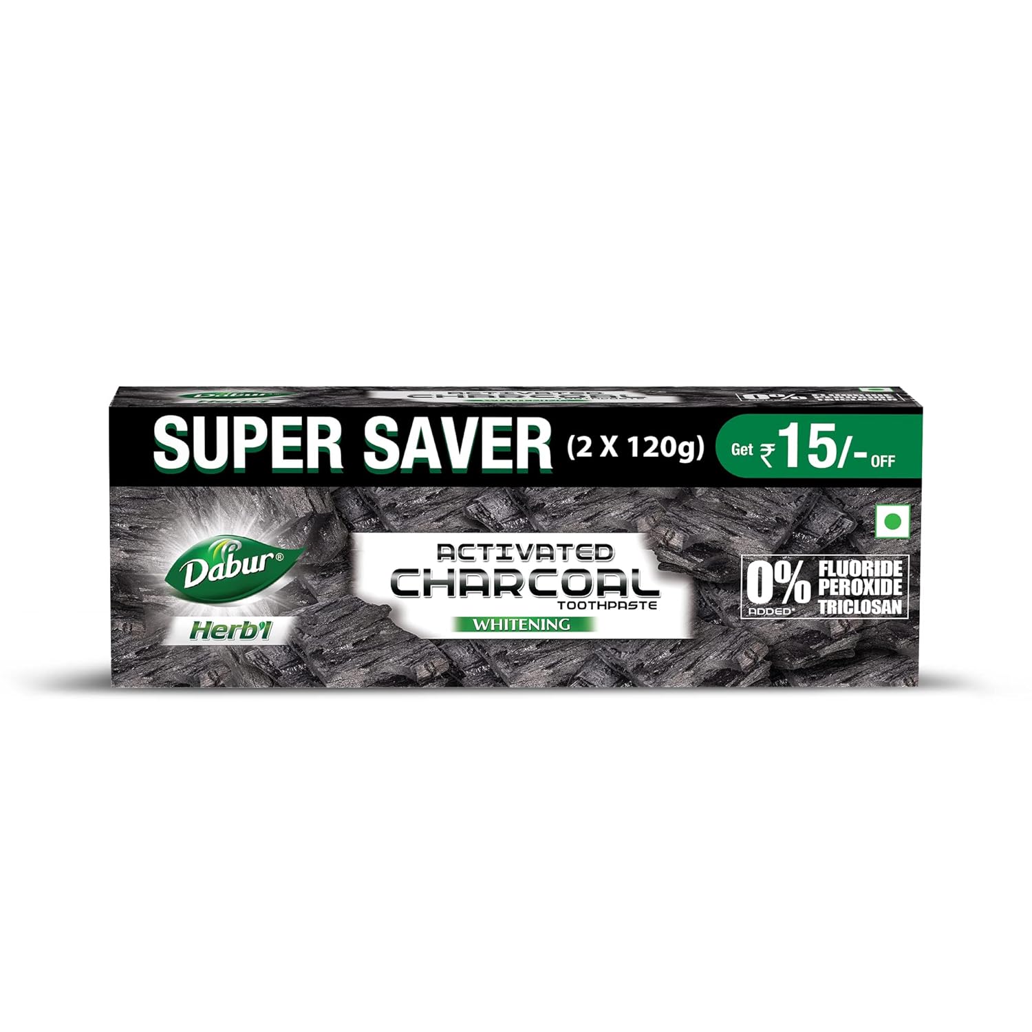 DABUR Herb'L Activated Charcoal Toothpaste 240G (120G x2, Pack of 2)|Whitening Black Gel Toothpaste|Fluoride Free|Fights Plaque & Extrinsic Stains|With Power of Mint|Cool & Refreshing Mouth Experience