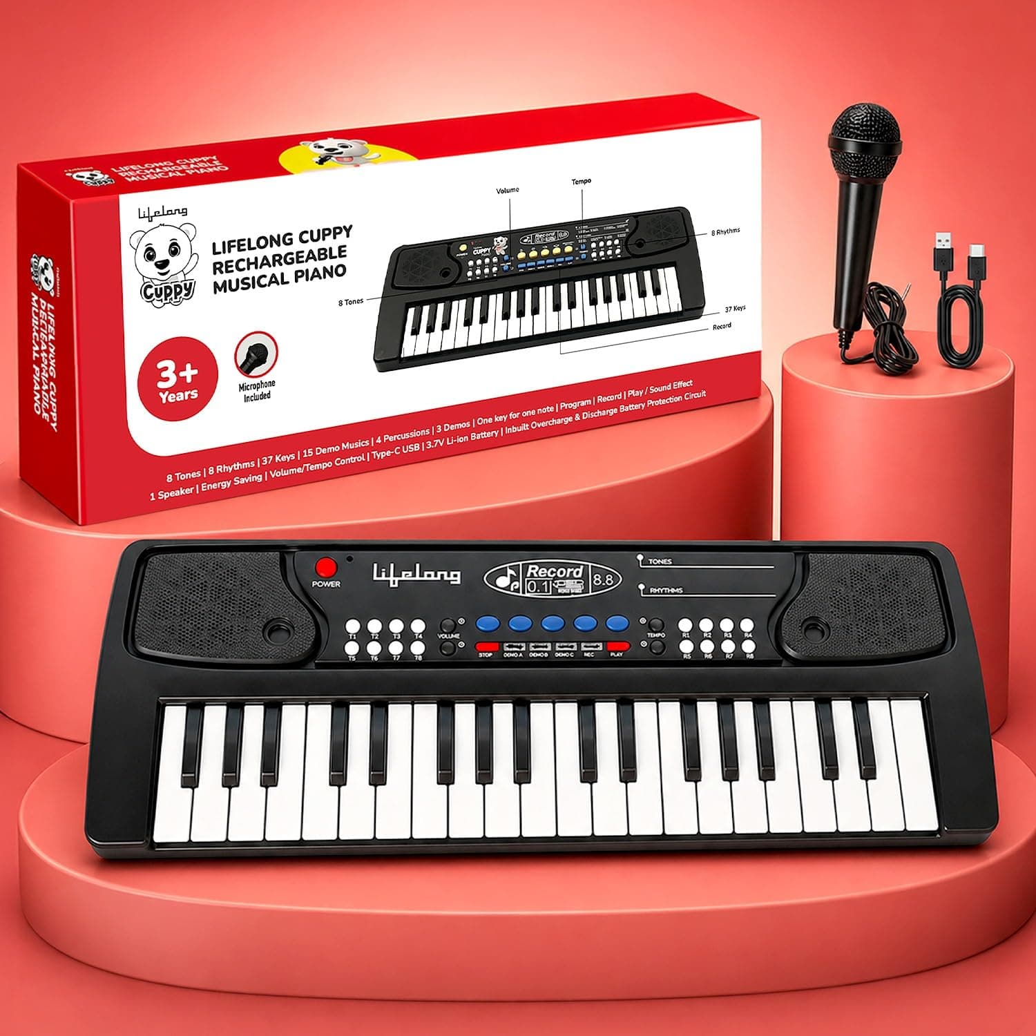 Lifelong 37 Keys Rechargeable Piano Keyboard with Mic (LLCKMP03)