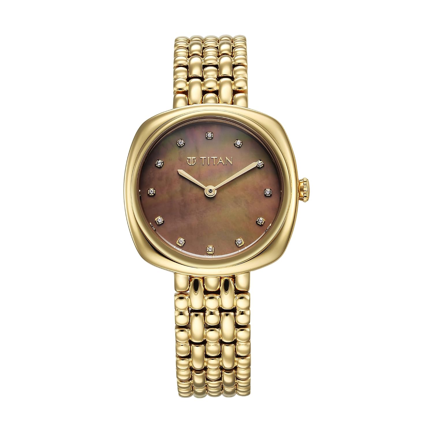 Titan Aura Phase Quartz Analog Brown Dial Golden Stainless Steel Strap Watch for Women-95241YM01