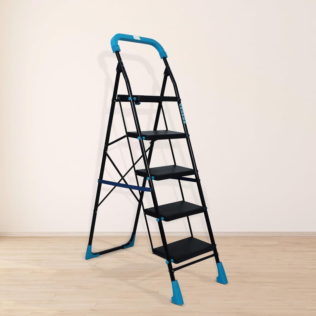 Plantex Heavy-Duty Mild Steel Stylo Folding Ladder with Wide Steps/5 Steps Ladder for Home with Advanced Locking System - 5 Wide Step Ladder(Black & Blue)