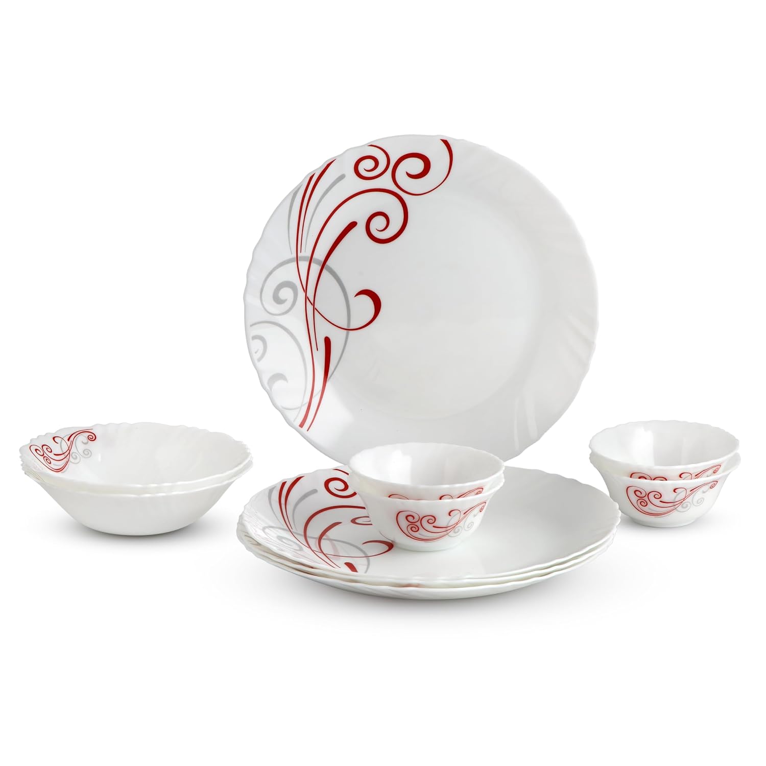 CELLO Red Swirl Imperial Series Opalware Dinner Set of 10 Pieces for Family of 4 | Bone-Ash Free & Leadfree Opal Glass, Microwave & Dishwasher Safe Plates & Bowls Crockery Set for Dining & Gifting