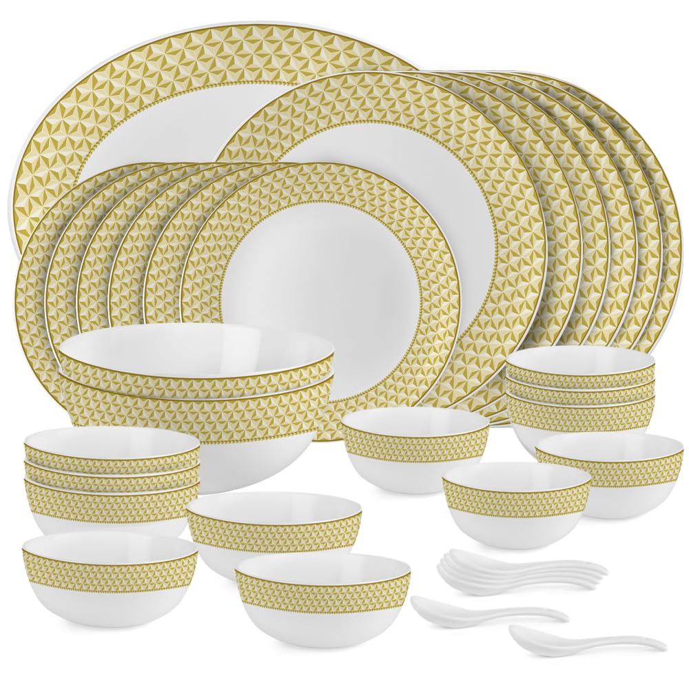 Cello Opalware Divine Goldenpyramid Dinner Set, 33 Units | Microwave & Dishwasher Safe | Light-Weight & Thermal Resistant | Crockery Set for Dining & Gifting