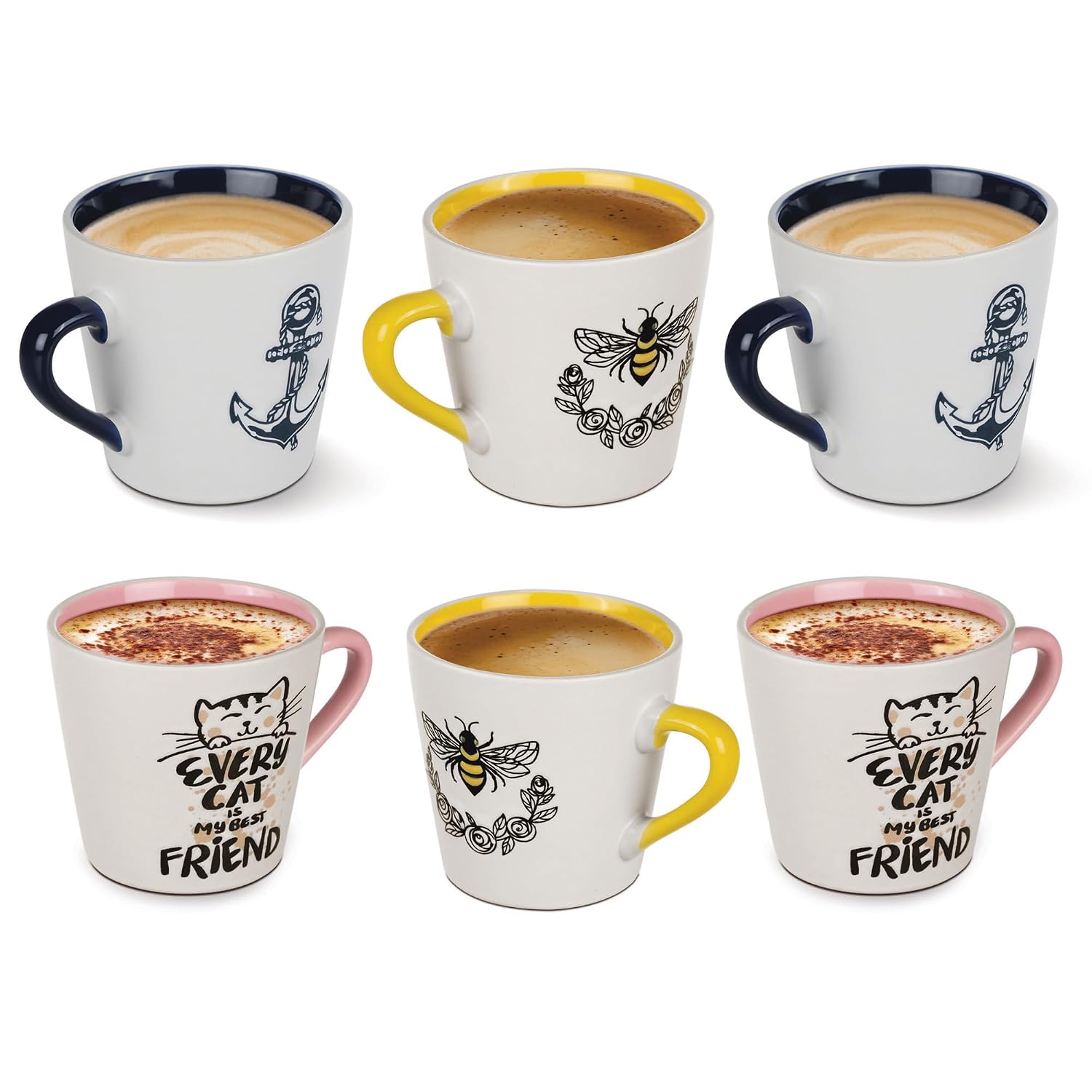 Treo by Milton Fido Coffee Mugs, 6 Pieces, 200 ml Each, Ceramic Mugs, Microwave and Dishwasher Safe, Crockery Cup, Ideal for Daily Use & Gifting (Print and Colors May Vary)
