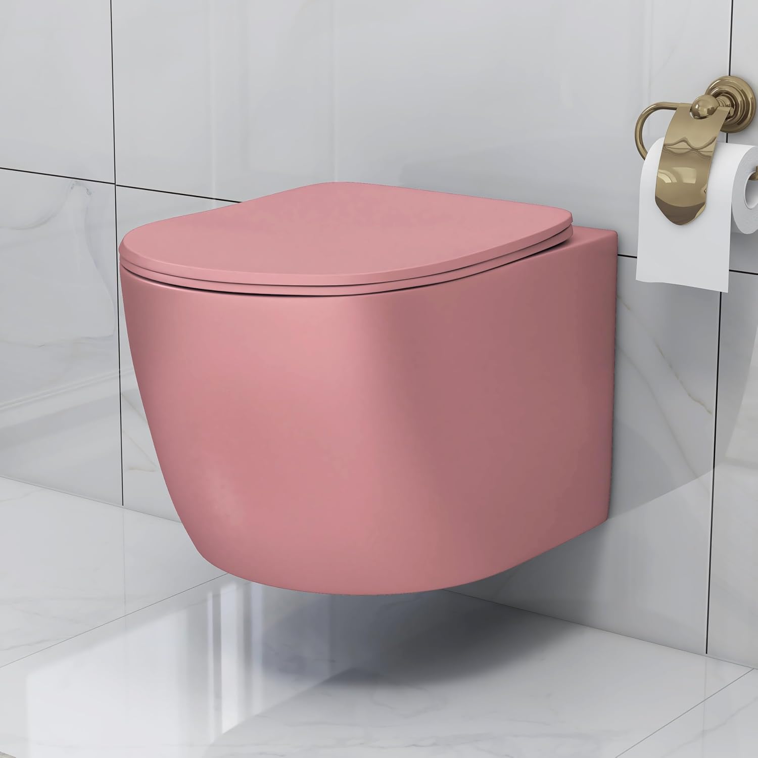 Plantex Ceramic Wall Hung Commode for Toilet/Rimless Washdown Flush Western Commode/Imported Commode with Soft Closing Toilet Seat - P Trap (Round, Matt Pink)