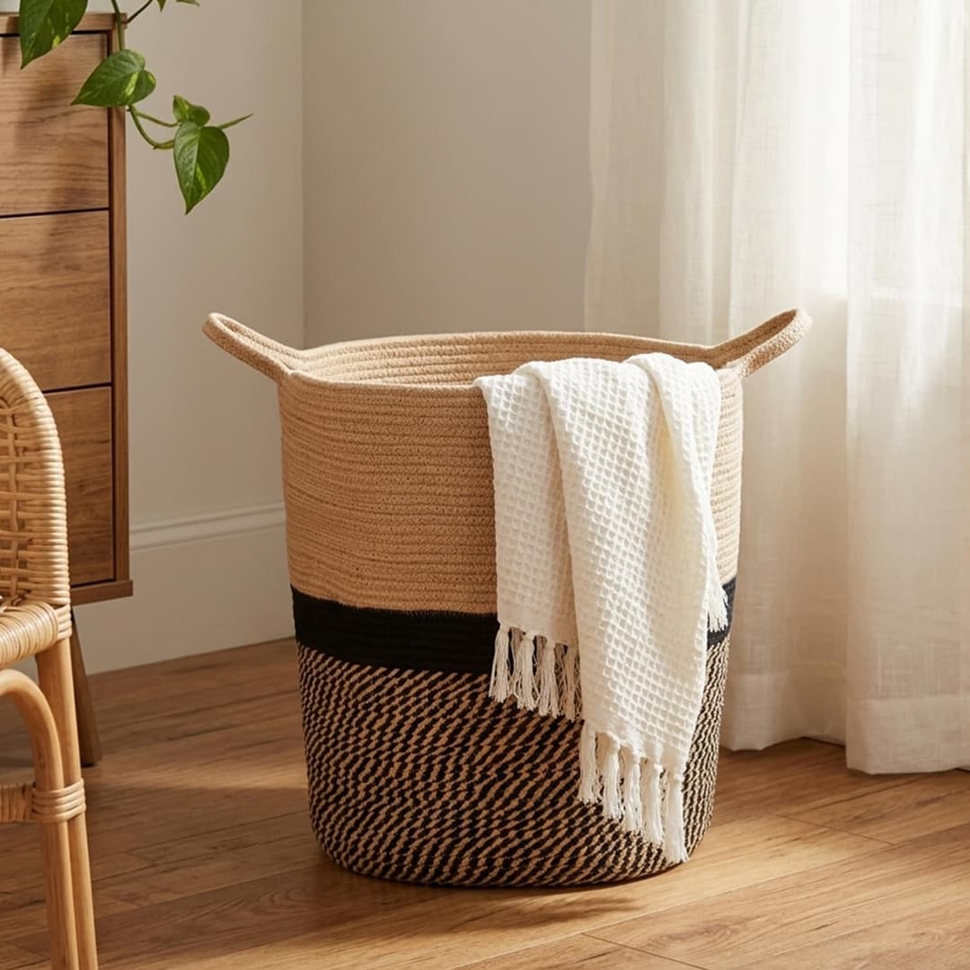 amazon basics Polycotton Basket Large Hamper Polycotton Baskets for Storage, 14D x 18.3H, Wicker Laundry Baskets for Living Room, Dirty Clothes Basket, Black & beige