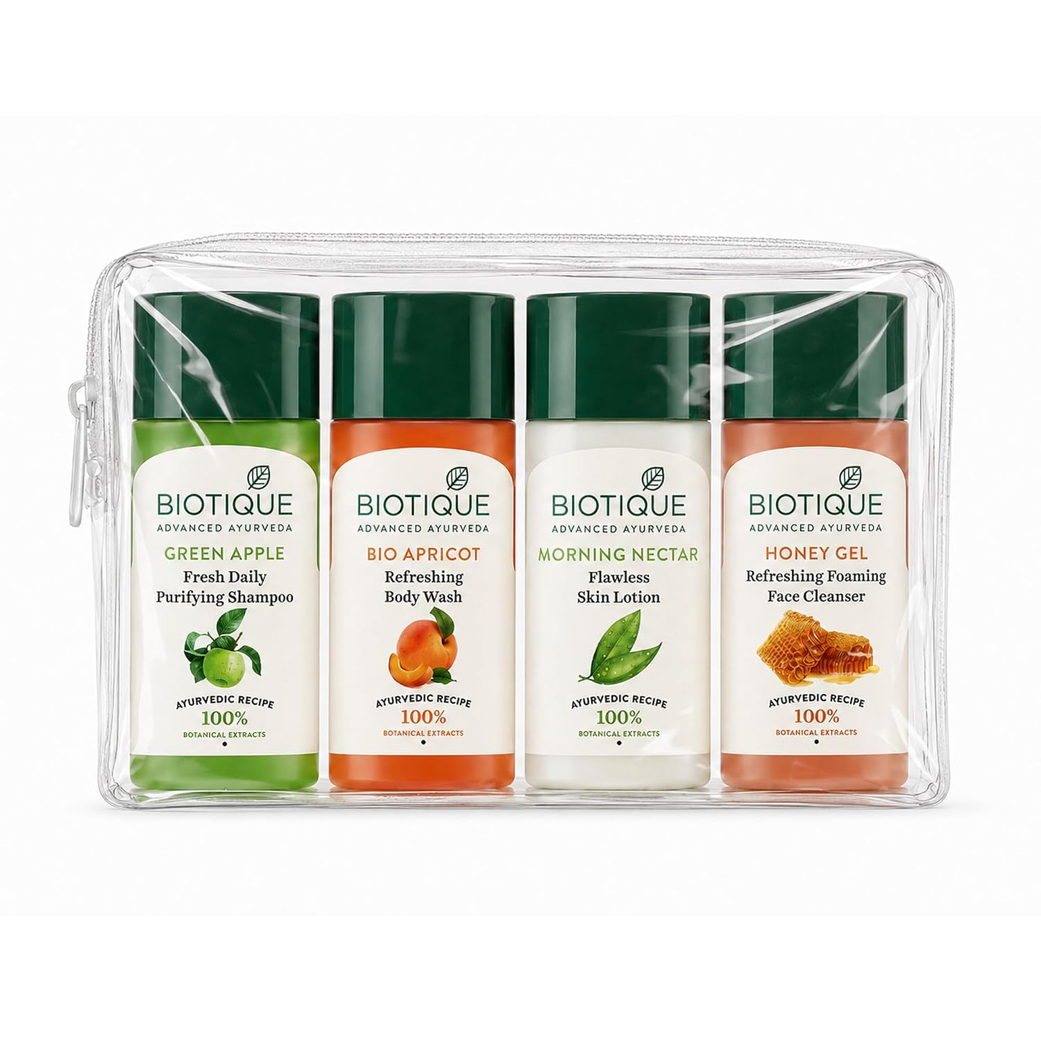 Biotique Travel Kit | Includes Green Apple, Bio Apricot, Morning Nectar & Honey Gel | Mini Skincare & Haircare Essentials for Travel | Enriched with 100% Botanical Extracts