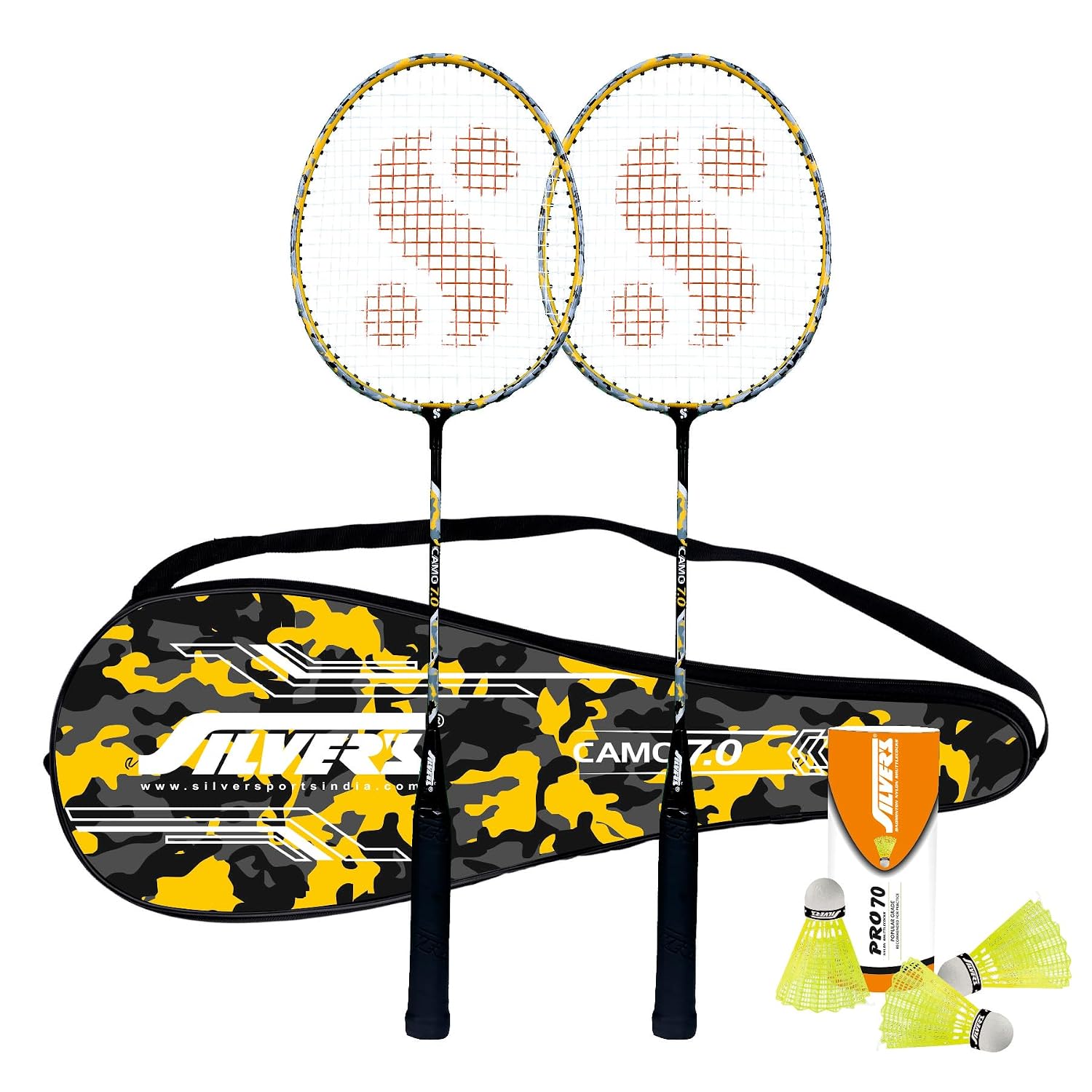 Silver's Aluminium Camo 7.0 Badminton Kit (2 Racquets with Full Cover, 1 Box Nylon Shuttlecock Pack of 3)(Yellow/Black)