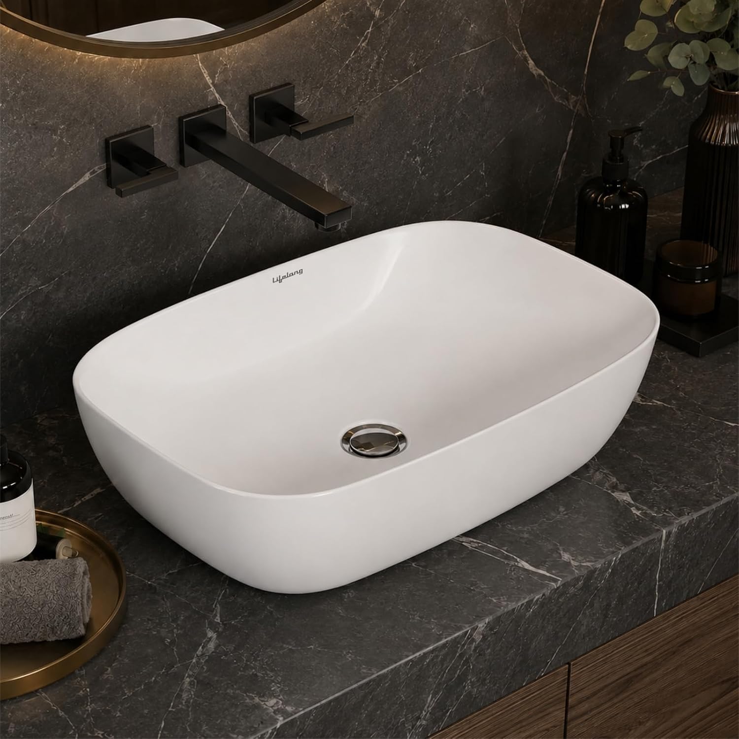 Lifelong Wash Basin for Bathroom - Tabletop Washbasin - Ceramic Glossy Rectangle Countertop Vessel Sink Ideal for Bathroom, Dining Hall & Vanity 33x46x16 cm (White, LLHIPB01)