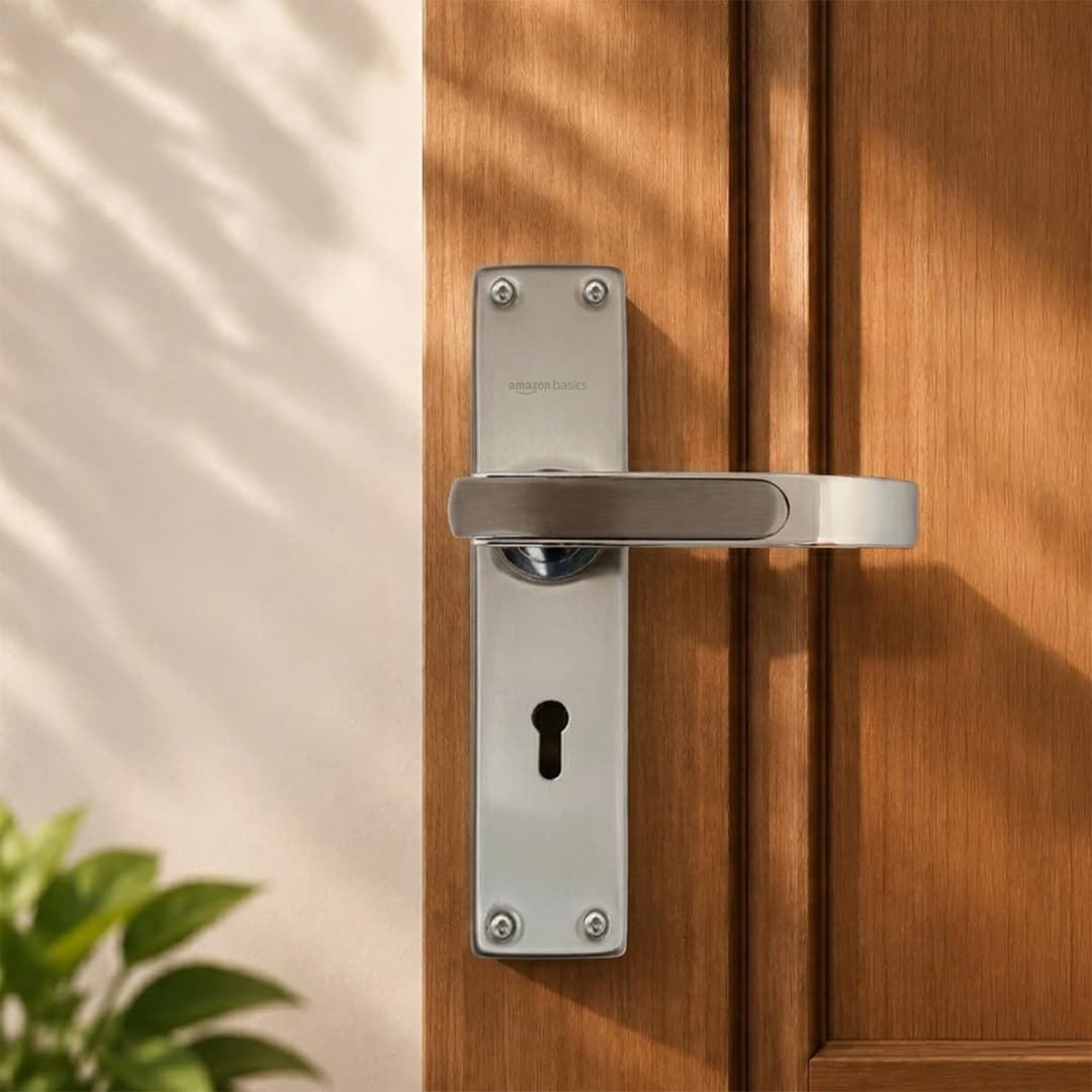 Amazon Basics Mortise Door Lock Handle Set | BIS Certified Brass Lock Body | Auto-Retraction Mechanism | Suitable for Left & Right Handed Doors | Satin Steel Finish | Includes 3 Keys