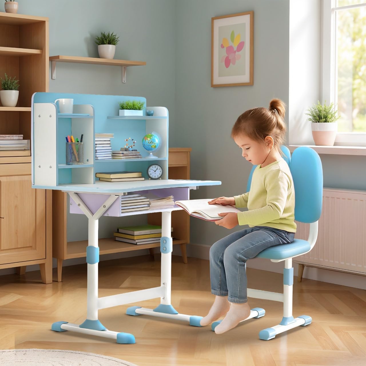 BAYBEE Kids Study Table and Chair Set with Dual Back Support | Baby Study Table for Reading, Writing & Drawing | Ergonomic Kids Table Desk Chair with Book Storage Drawer & Shelves 2+ Years (Blue)