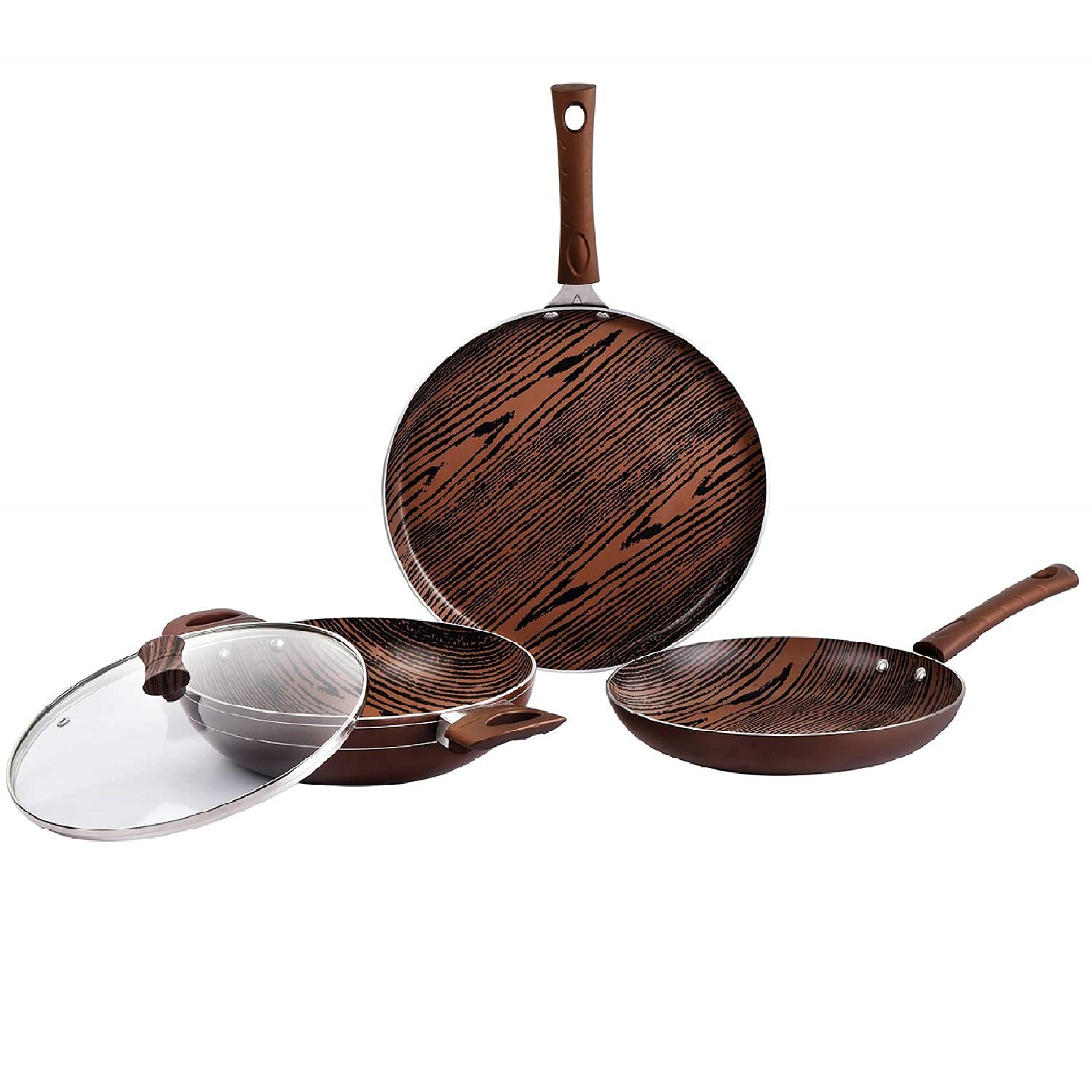CELLO Prima Non-Stick Aluminium Cookware Set of 3 Pcs for Kitchen, Woody Finish | Kadhai with Glass Lid 22 CM, Fry Pan 22 CM, Dosa Tawa 28 CM, Gas Stove & Induction Base Utensils Set for Cooking