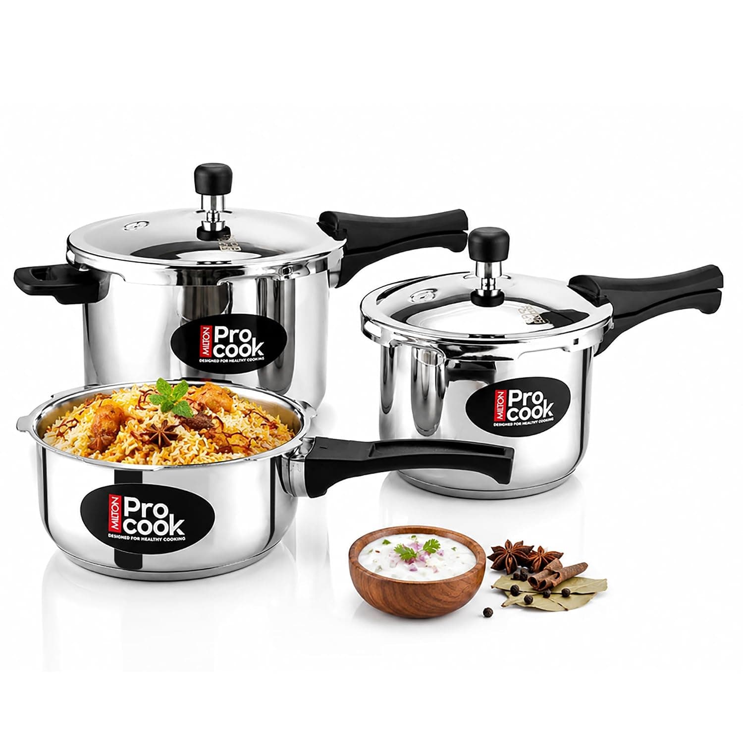 Milton Pro Cook Stainless Steel Pressure Cooker Combo Set (2L, 3L, 5L)