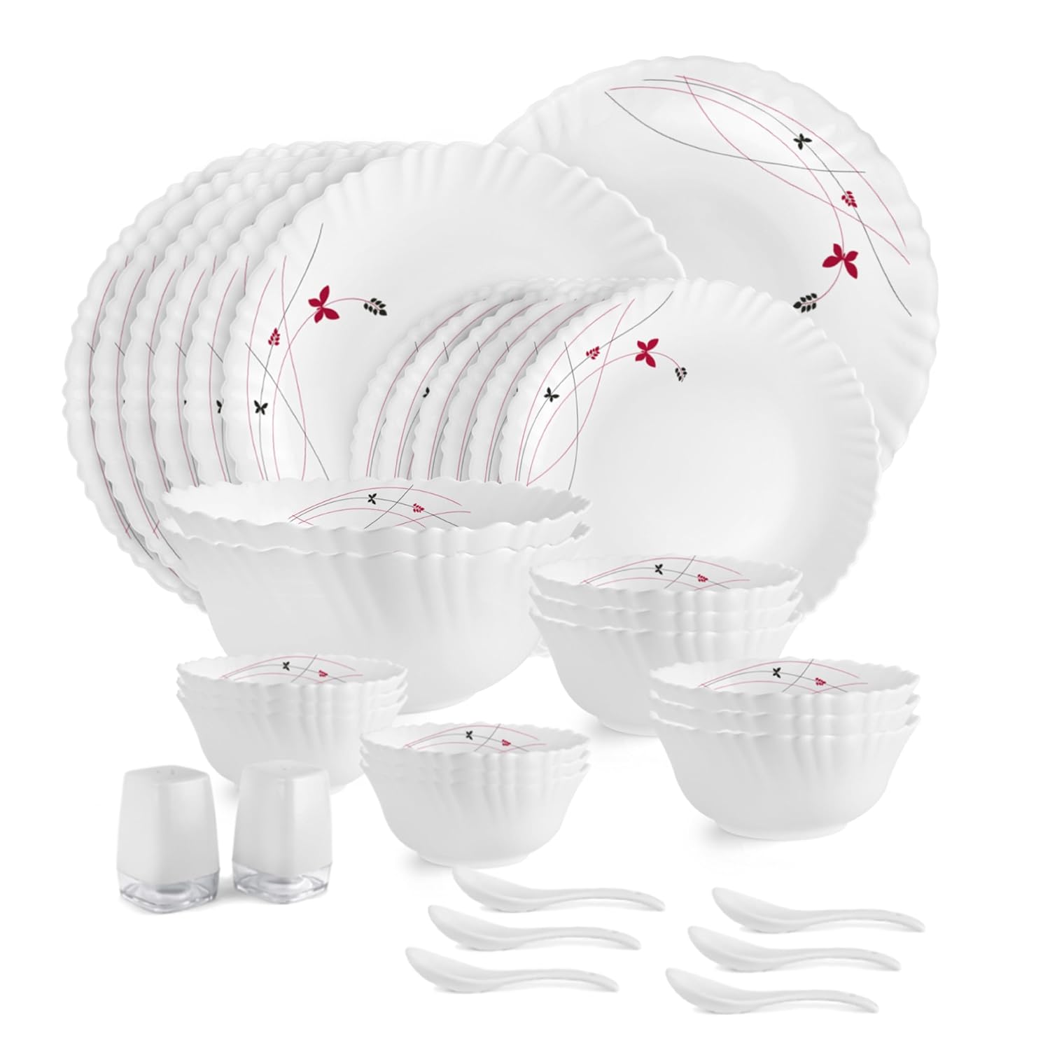 CELLO Lush Fiesta Dazzle Series Opalware Dinner Set of 35 Pieces for Family of 6 | Bone-Ash Free & Leadfree Opal Glass, Microwave & Dishwasher Safe, Plates & Bowls Crockery Set for Dining & Gifting