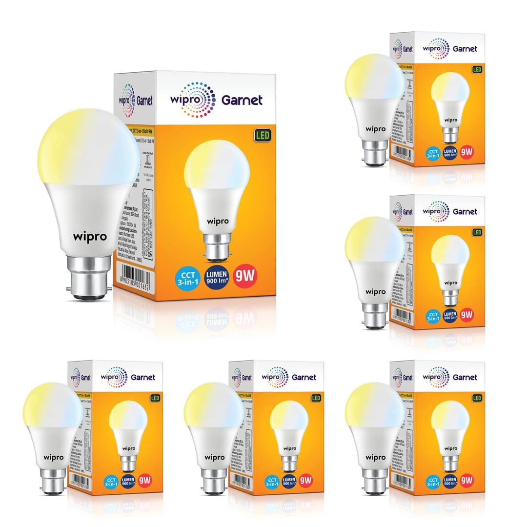 wipro Garnet 9W CCT 3-in-1 LED Bulb for Home & Office | Mood Lighting for ambiance | 240 Degree wide Coverage | 4 KV In-built Surge Protection, 420 V High Voltage Protection | Pack of 6