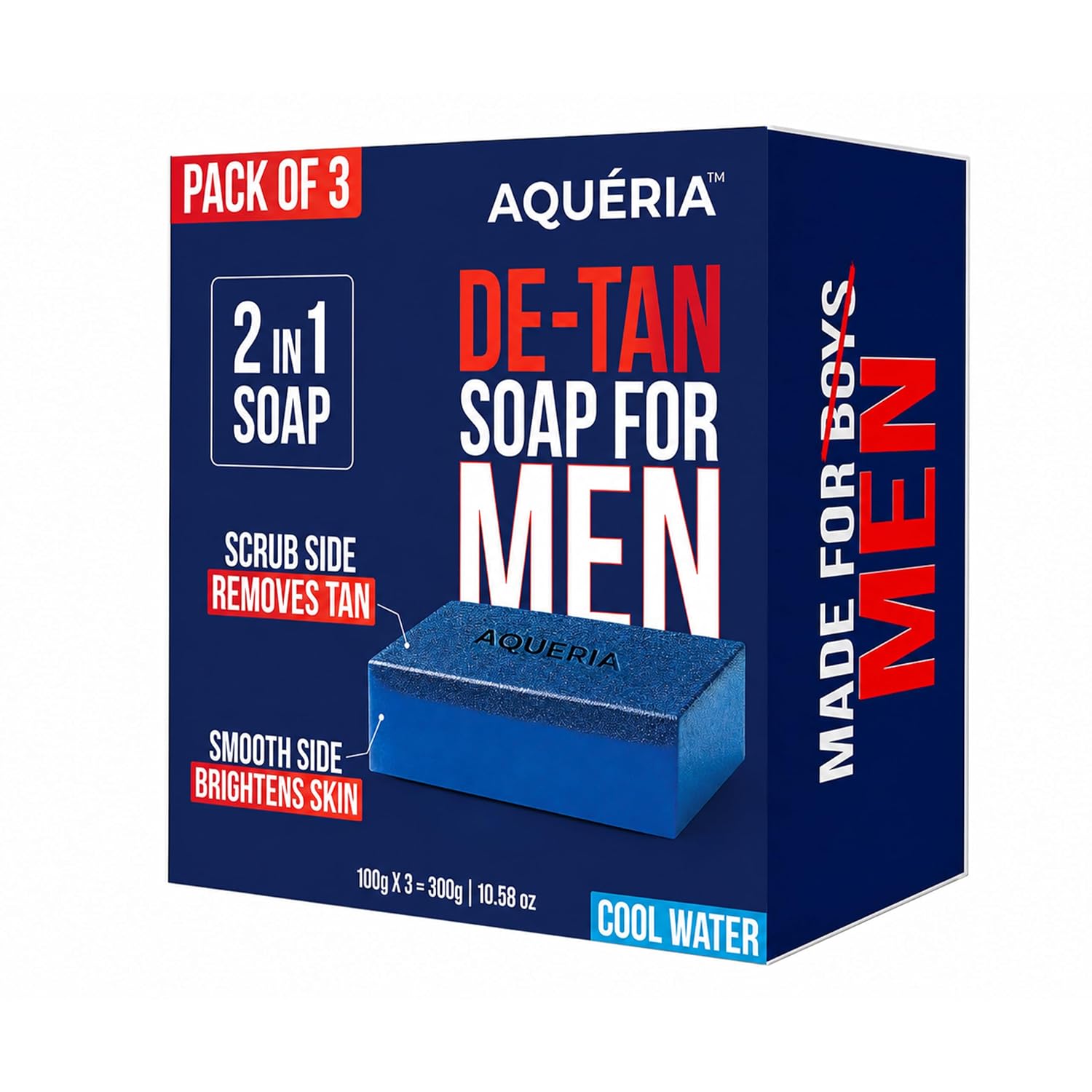 Aqueria De-Tan & Brightening 2-in-1 Bath Soap for Men | Cool Water Perfume | Scrub Side for Tan Removal & Gentle Exfoliation | Smooth Side for Skin Brightening & Hydration | Deep Cleansing Face & Body Soap For Fresh, Healthy-Looking Skin | 300g (Pack of 3) | Suitable For Daily Use - Lasts Upto 90 Washes