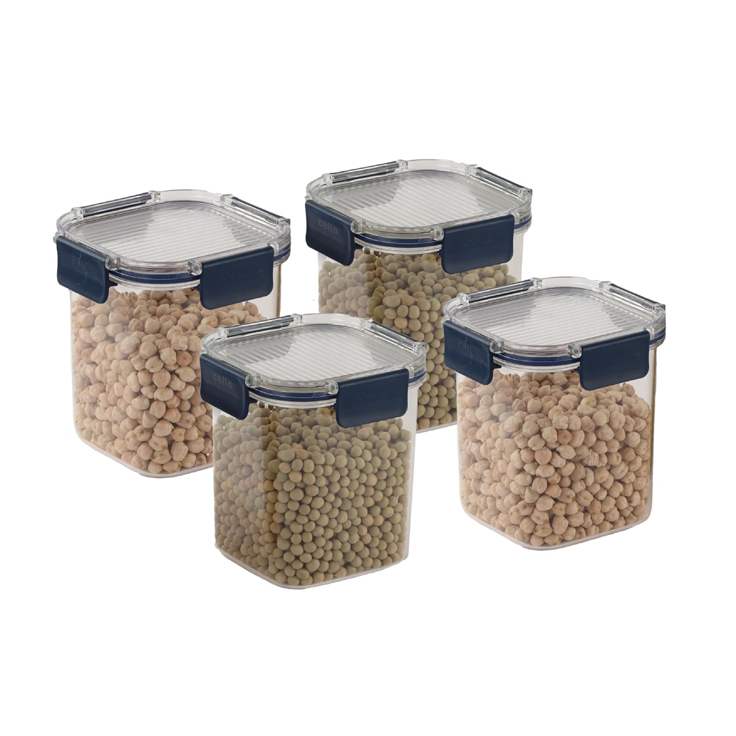 CELLO Stacklock Square Pet Storage Jar for Kitchen Set of 4 Pieces, 900 ml Blue | Freezer & Fridge Safe, Airtight Stackable Pet Kitchen Storage Box Jar Container Set for Beans, Whole Grains, Spices