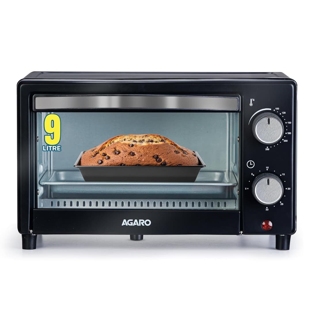AGARO Marvel 9L OTG Oven 800W, Compact Toaster Griller for Baking, Toasting & Grilling, Adjustable 100°C-250°C, 30-Min Timer with Ready Bell, Auto Shut-Off, Tempered Glass Door, Bake Pan, Tong & Rack