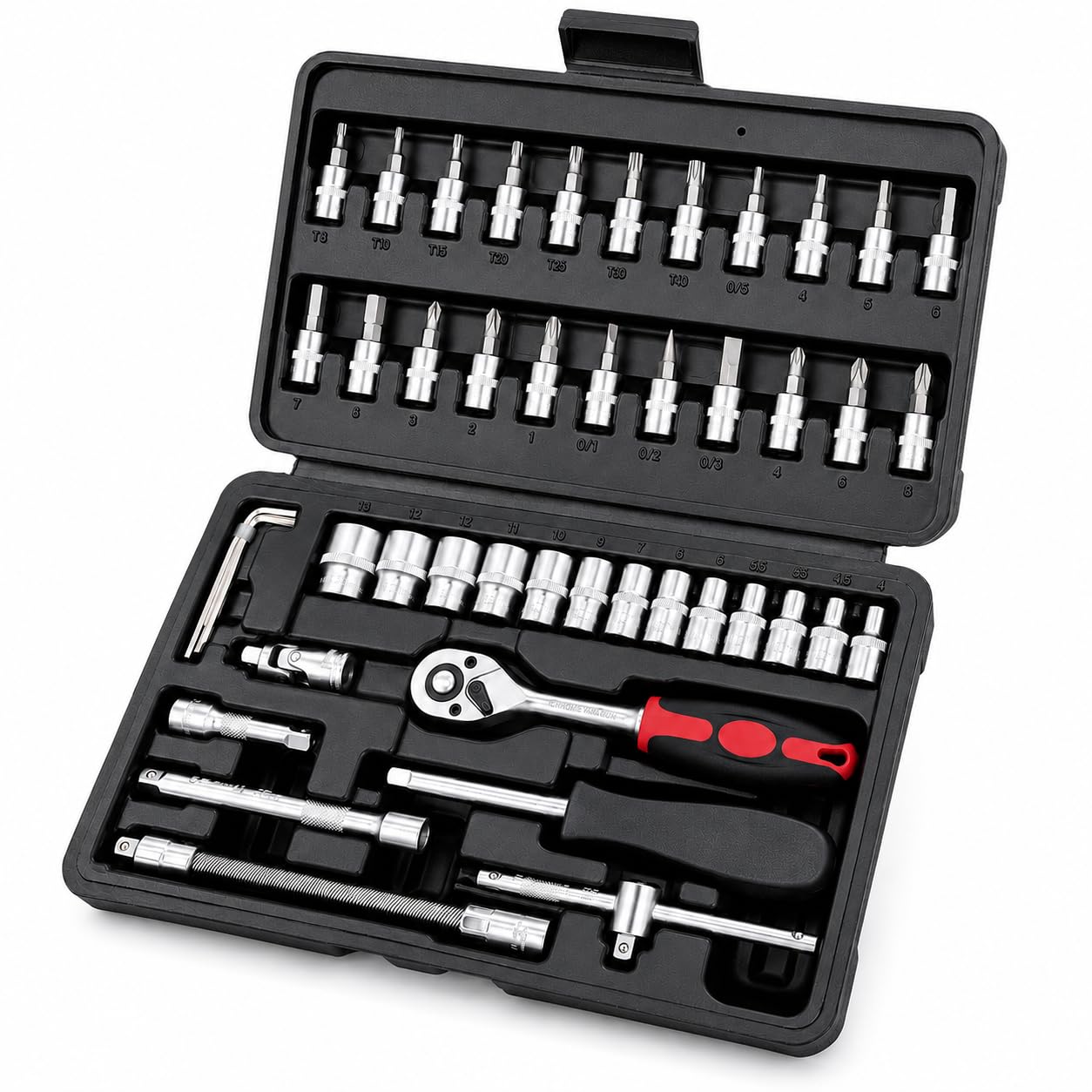 Eastman (6.3 mm) 1/4" Drive 46-Pcs Socket Set with Blow Mold Case, Mirror Finish, Heavy-Duty Ratchet Handle, Extension rode, Ideal for Automotive Use (E-2260)