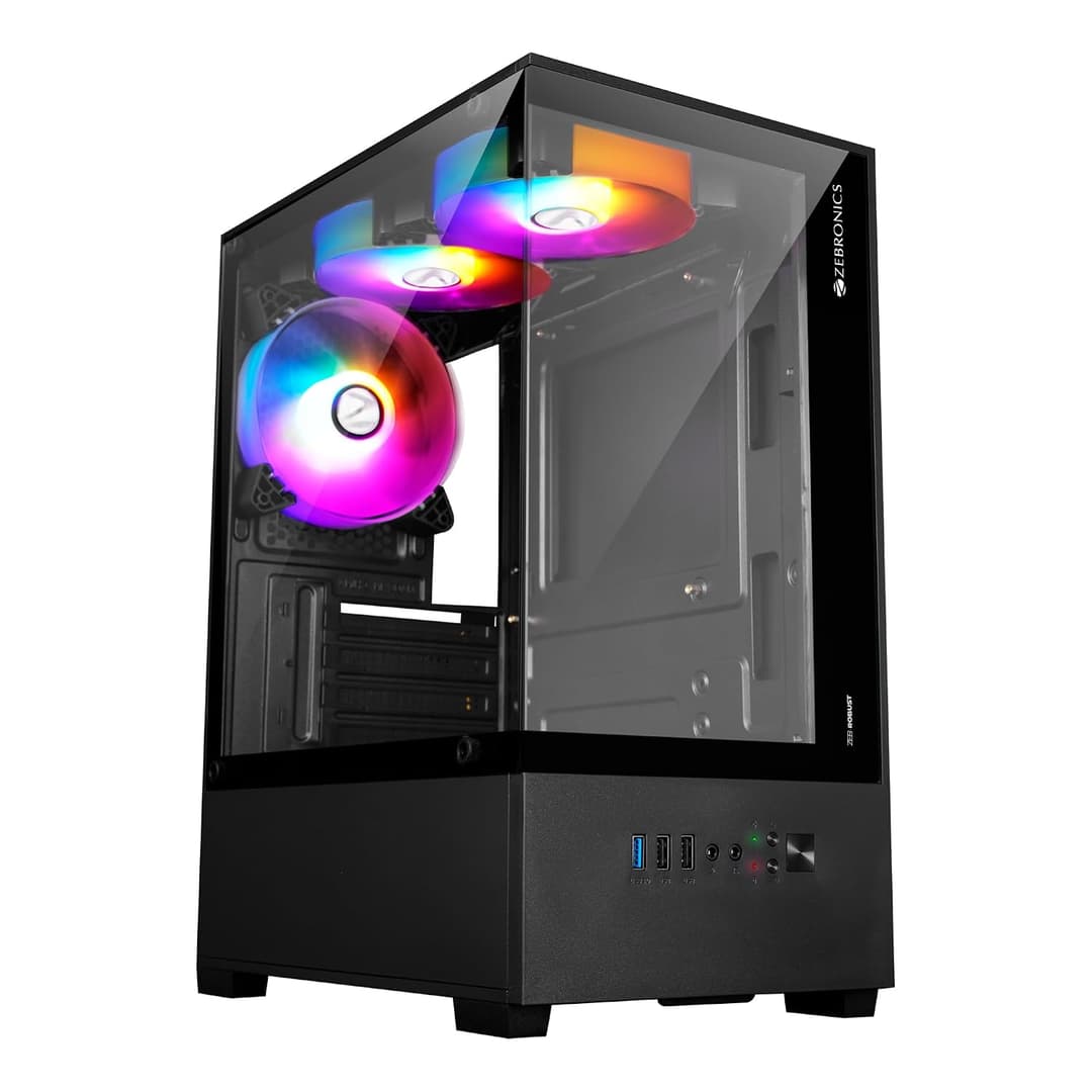 ZEBRONICS ROBUST Premium Gaming Chassis with support for mATX | Mini ITX, Wraparound Tempered Glass, 120mm Multicolor LED Ring Fans, Top Magnetic Dust Filter, 3 Fans Included (Black)