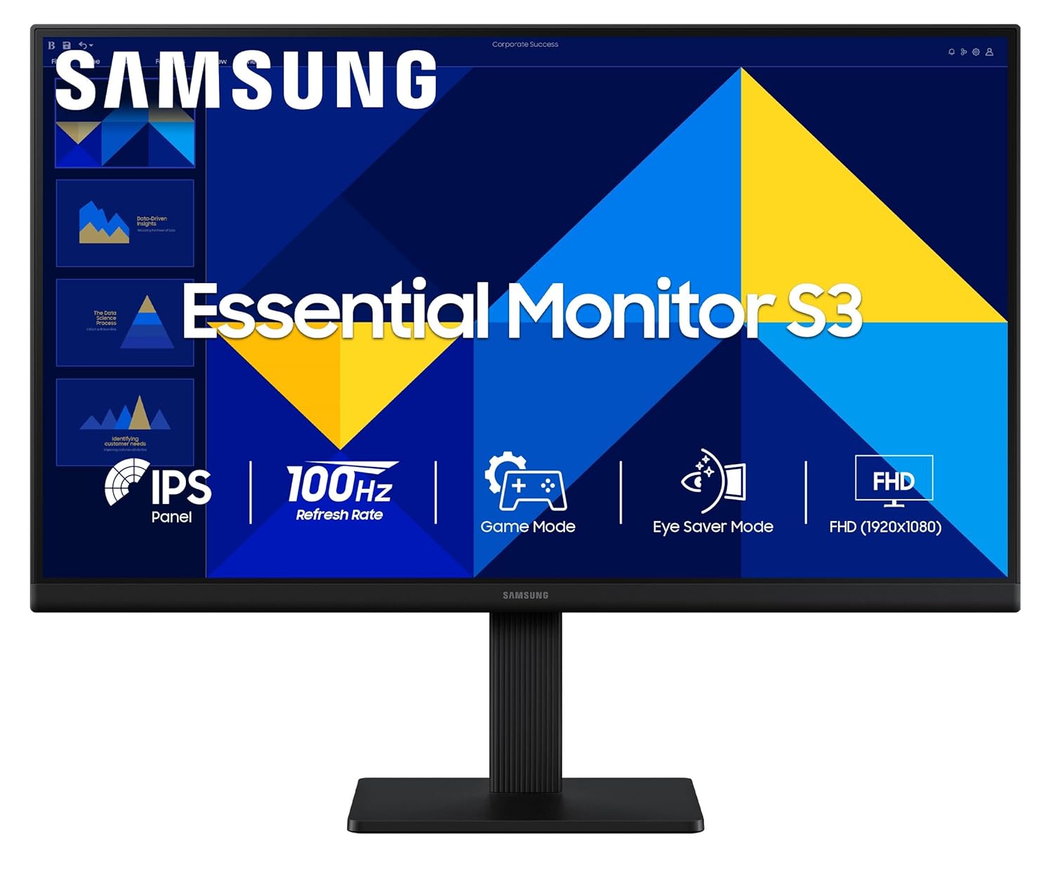 Samsung 22" (54.6 cm) S3 Flat Monitor | Super Slim Borderless Design | IPS Panel | FHD 1920 x 1080 | 100 Hz | 5 ms | Ports-HDMI,VGA | Game Mode | Eye Saver Mode | | Wall Mountable | LS22D300GAWXXL | Black
