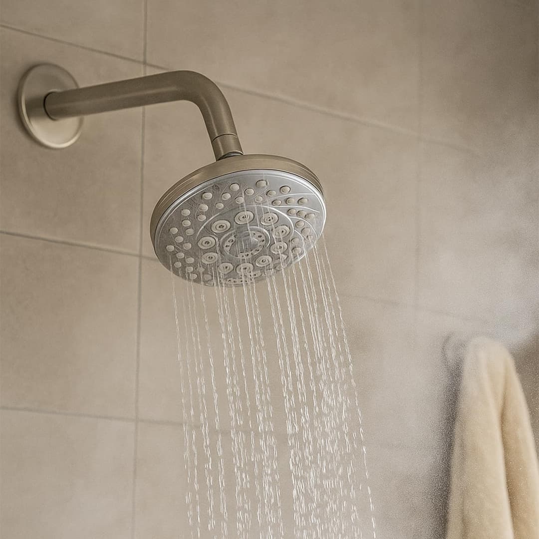 Amazon Basics Shower Head for Bathroom | Round Multifunction 5-Spray Overhead Shower | Wall Mount Bathroom Shower with Pause Function, Chrome Finish, 4.5 Inches