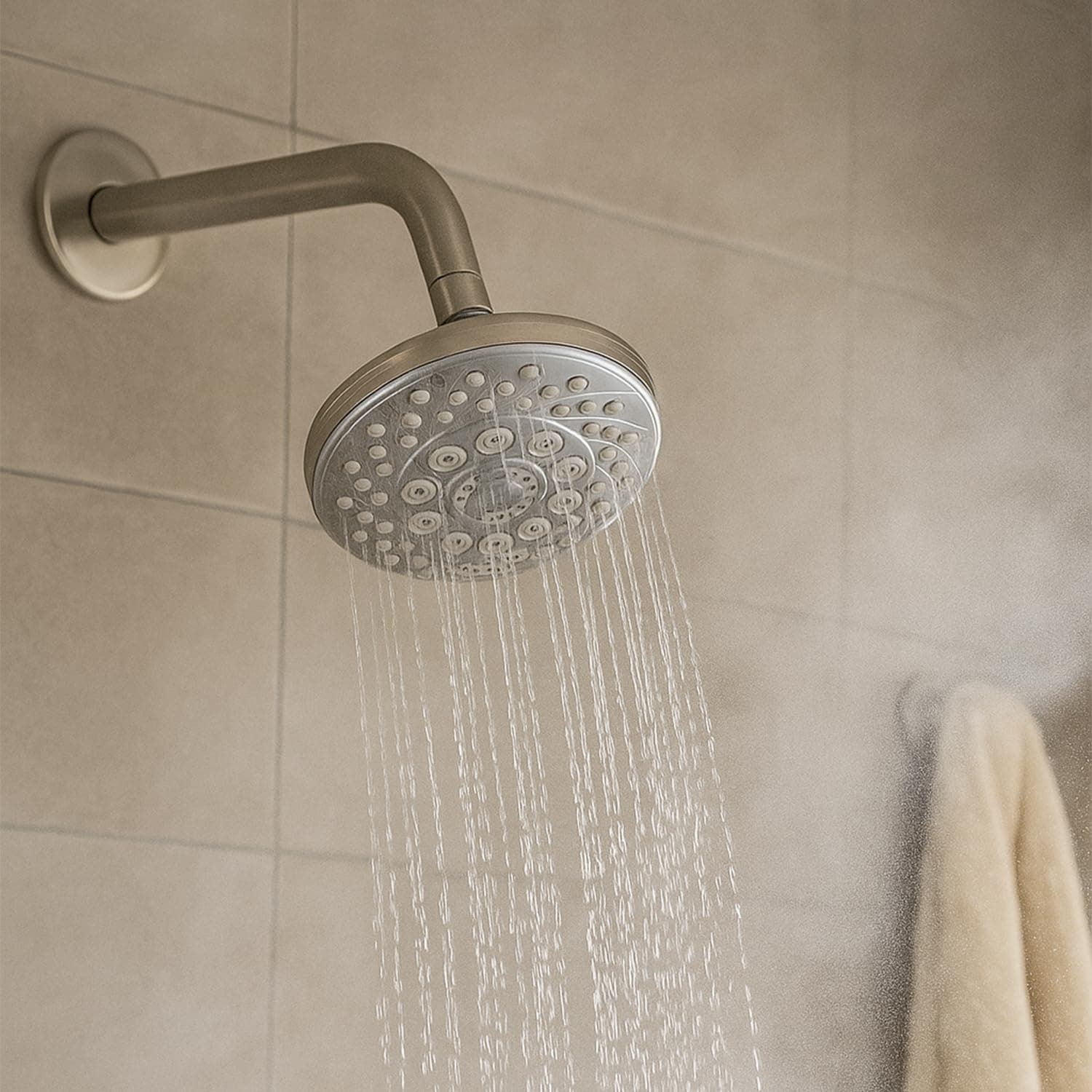 Amazon Basics Shower Head for Bathroom | Round Multifunction 5-Spray Overhead Shower | Wall Mount Bathroom Shower with Pause Function, Chrome Finish, 4.5 Inches