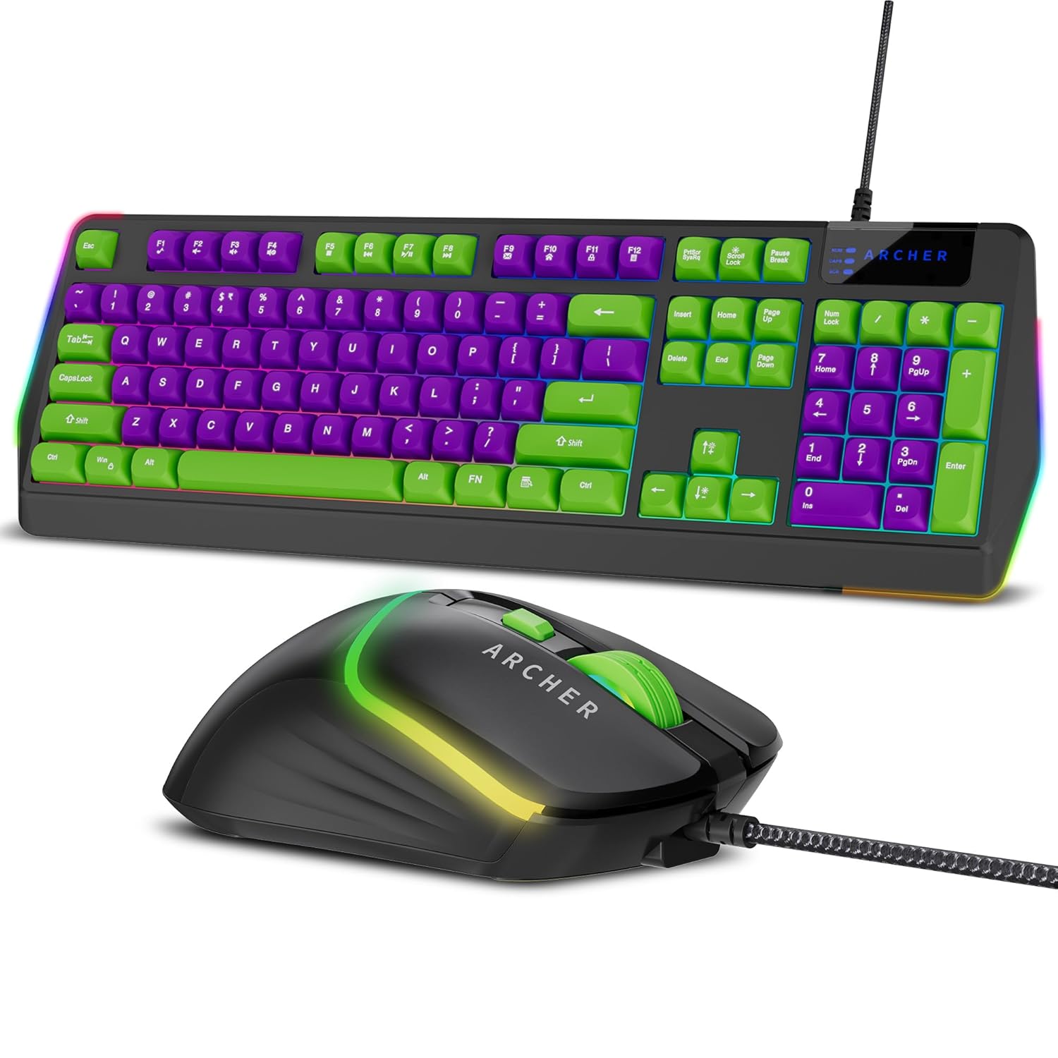 Archer Tech Lab Astra G300 Wired Gaming Keyboard and Mouse Combo| 87 Keys|19 Anti-Ghosting Keys|4 DPI (1200-1800-2400-3600)| 125Hz| 1.5 Mtr USB-C Cable| 5 Millions Click (GRN-PUR)