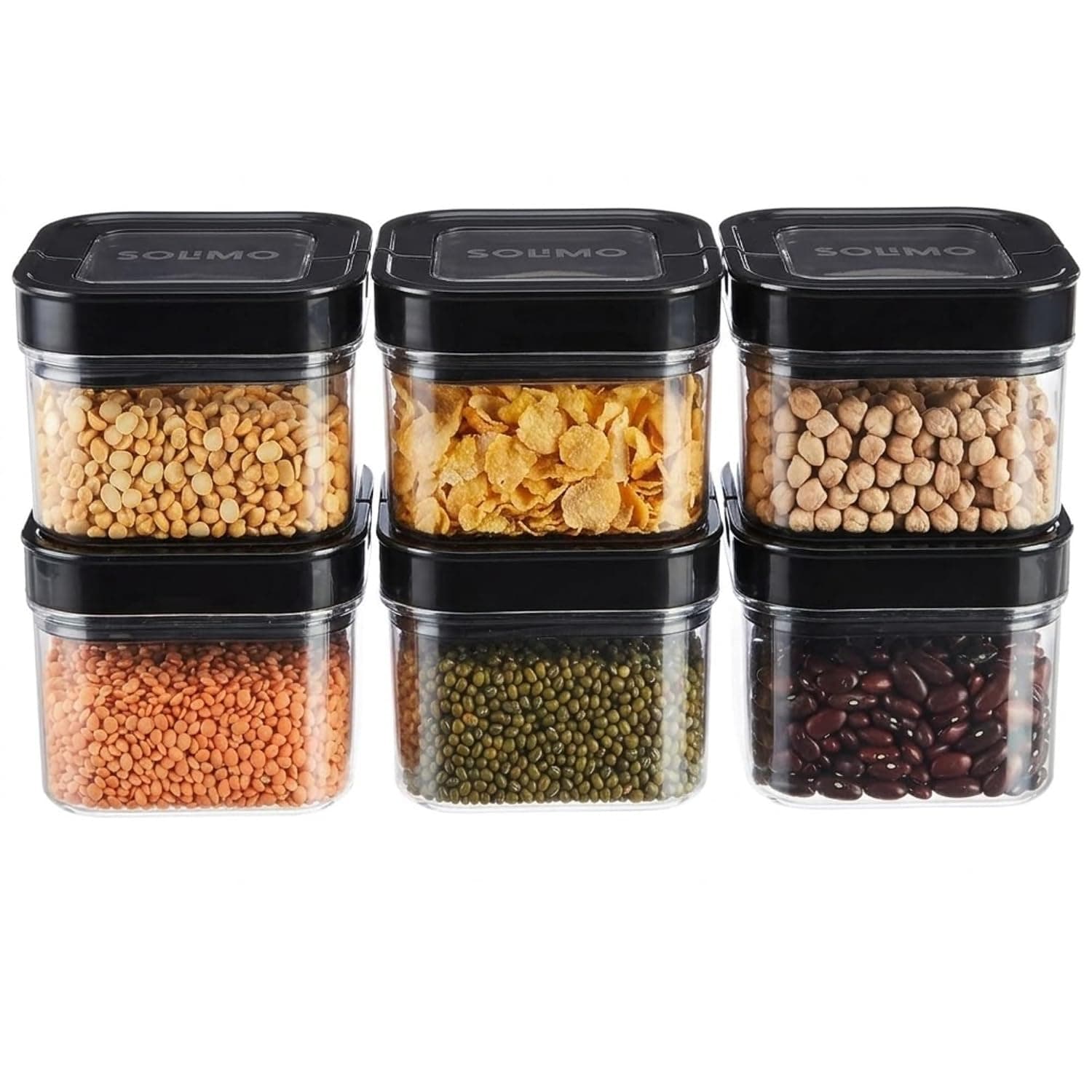 Amazon Brand - Solimo Airtight Plastic Storage Jar and Container Set-I | BPA Free | Multipurpose Storage | 450ml each, Set of 6 (Black)