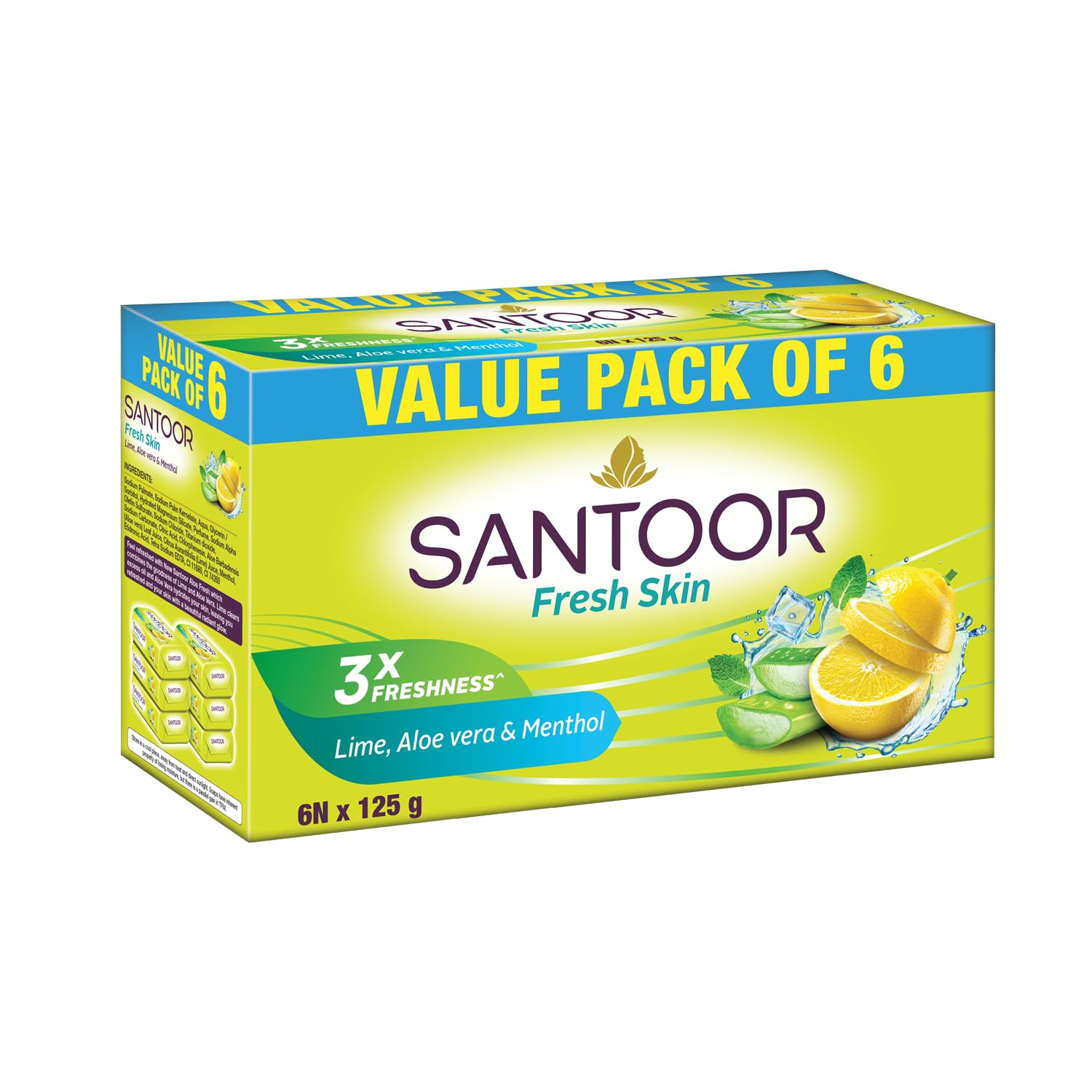 Santoor Fresh Skin Aloe Vera & Lime Bathing Soap with Nourishing & Anti-Aging Properties | For Smooth & Soft and Younger-Looking Skin | For All Skin Types | 125g, Pack of 6