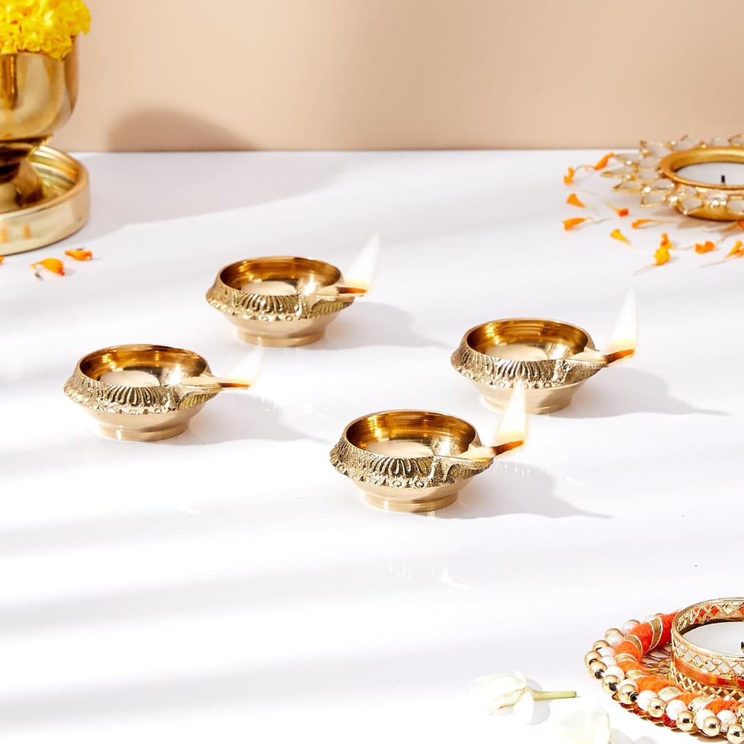 Solimo Brass Kuber Diya with Stand Pack of 4