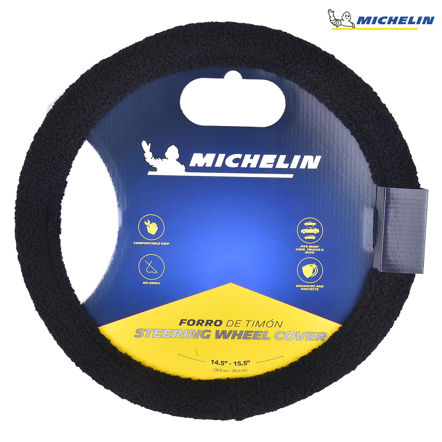 MICHELIN iFit Premium Faux Leather Steering Wheel Cover- Black Fur Stich, DIY - No Tools Required to fit, iFit Technology Stretches to fit 14.5" & 15.5" Inches Most Steering Wheels
