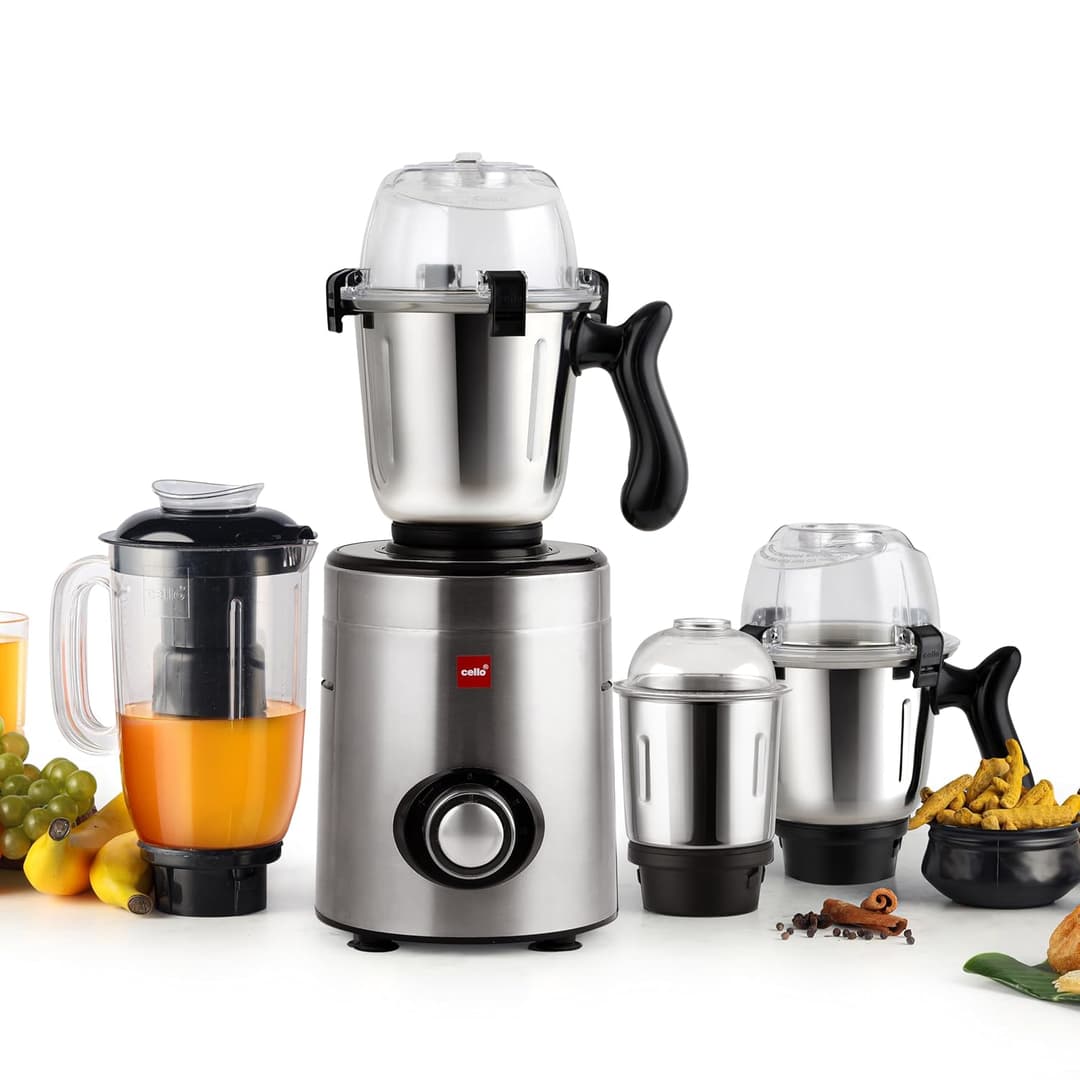 CELLO Steelox Pro 4 Jar Mixer Grinder for Kitchen 1000 Watts | 500ml, 1.2L, 1.5L Steel Jars with 1.5L Juicer Jar, Heavy Duty Powerful Copper Motor | for Grinding Mixing Juicing | 5 Years Warranty