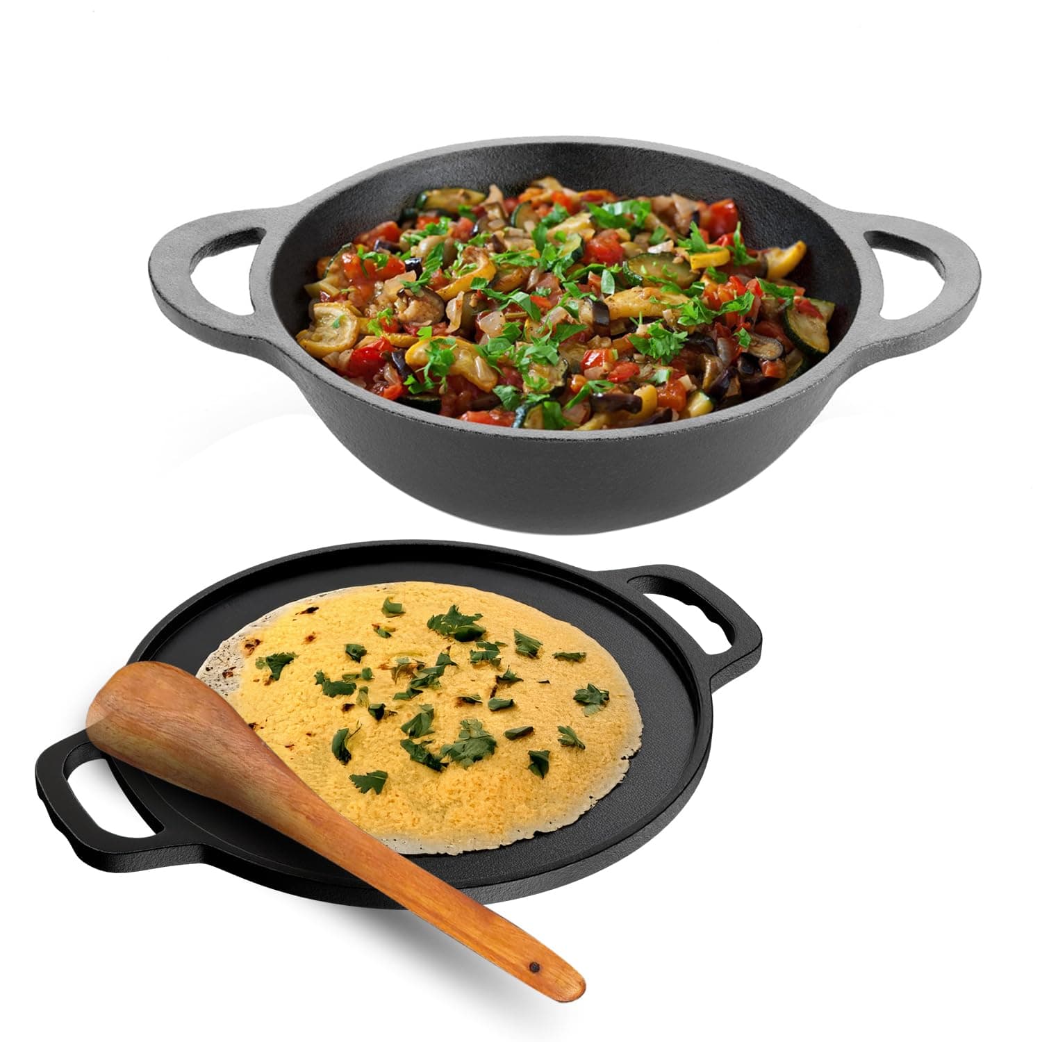 Lifelong Pre Seasoned Cast Iron Dosa Tawa & Kadhai Set