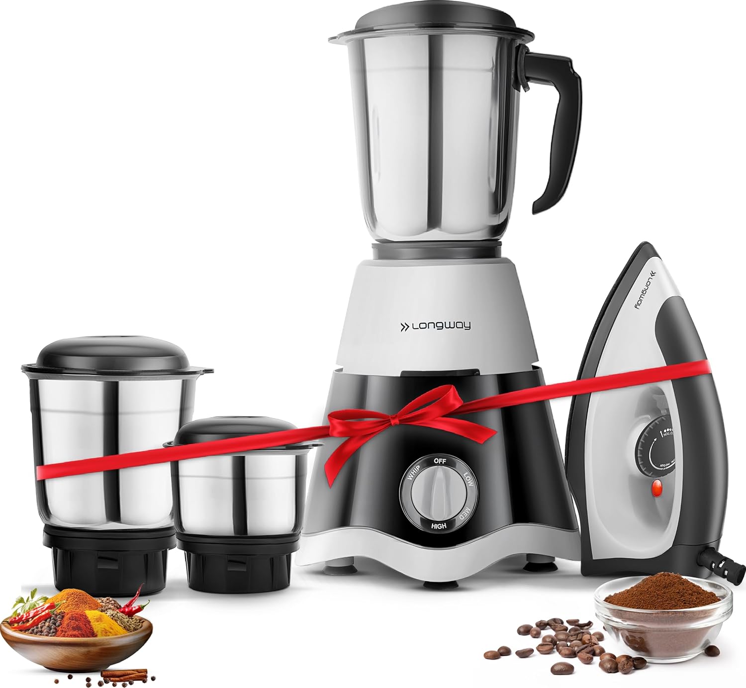 Longway Super Dlx Mixer Grinder with Kwid 1100W Dry Iron | 500 W Powerful Motor | 3 Jars for Grinding, Mixing, Juicing | 2 Years Warranty (Black & Gray, Combo Offer)
