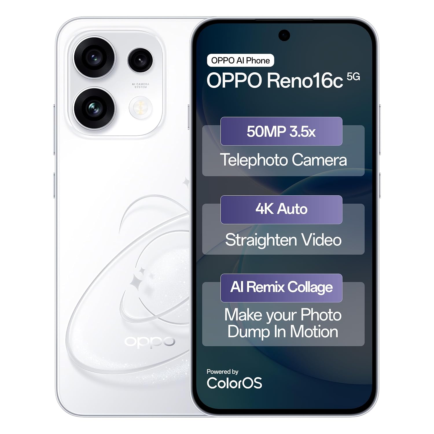 Oppo Reno16c 5G (Starry White, 8GB, 256GB) | 3D Design | 50MP 3.5X Telephoto Camera | 4K Video | AI Remix Collage | 7000mAh 80W SUPERVOOC | ColorOS 16 | IP69K | Dimensity 7300
