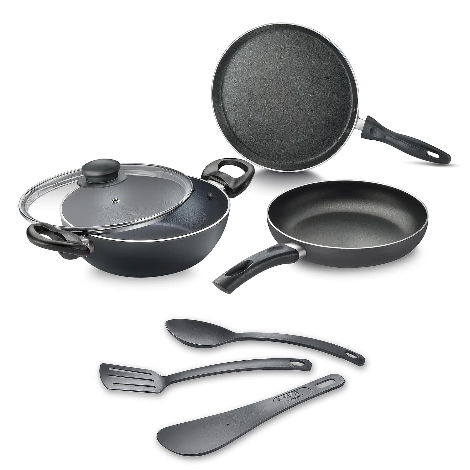 Judge by Prestige ACE Aluminium Non-Stick cookware BYK Set-Tawa 25cm-1U, Fry Pan 20cm-1U, Kadai 20cm-1U with Lid-1U + 3U Nylon Tools | Black