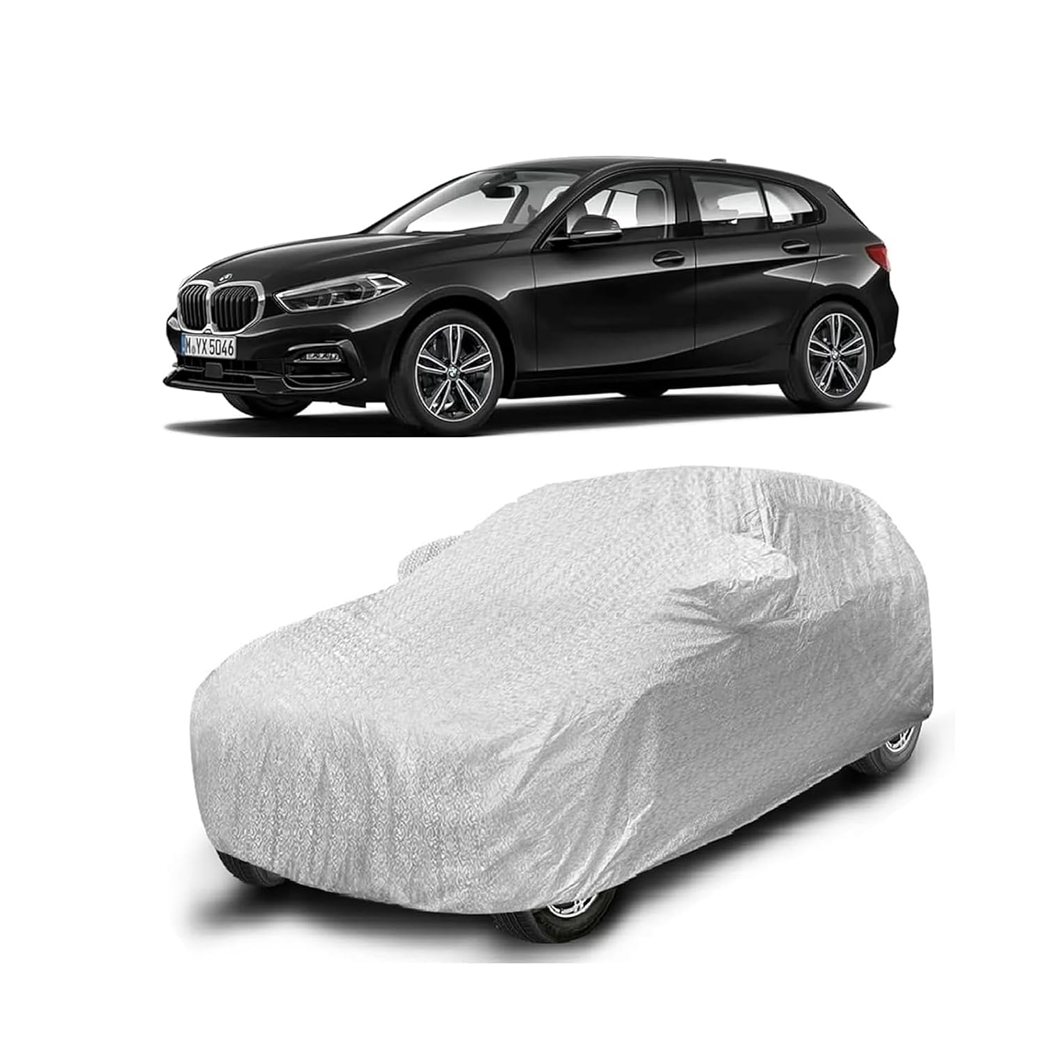 Sulfar 100% Waterproof Car Body Cover Compatible with Mirror for BMW 1 Series with Long Lasting Durable Material (Triple Stitched, Full Bottom Elastic, Metallic Silver)