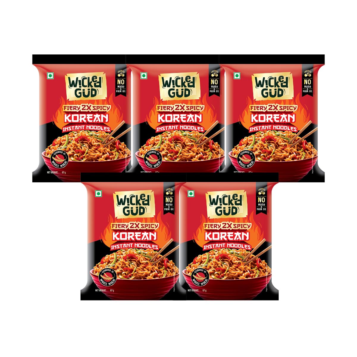 WickedGud Korean Instant Noodles | Fiery 2X Spicy | Whole Wheat | No Palm Oil | 67 g Each (Pack of 5)