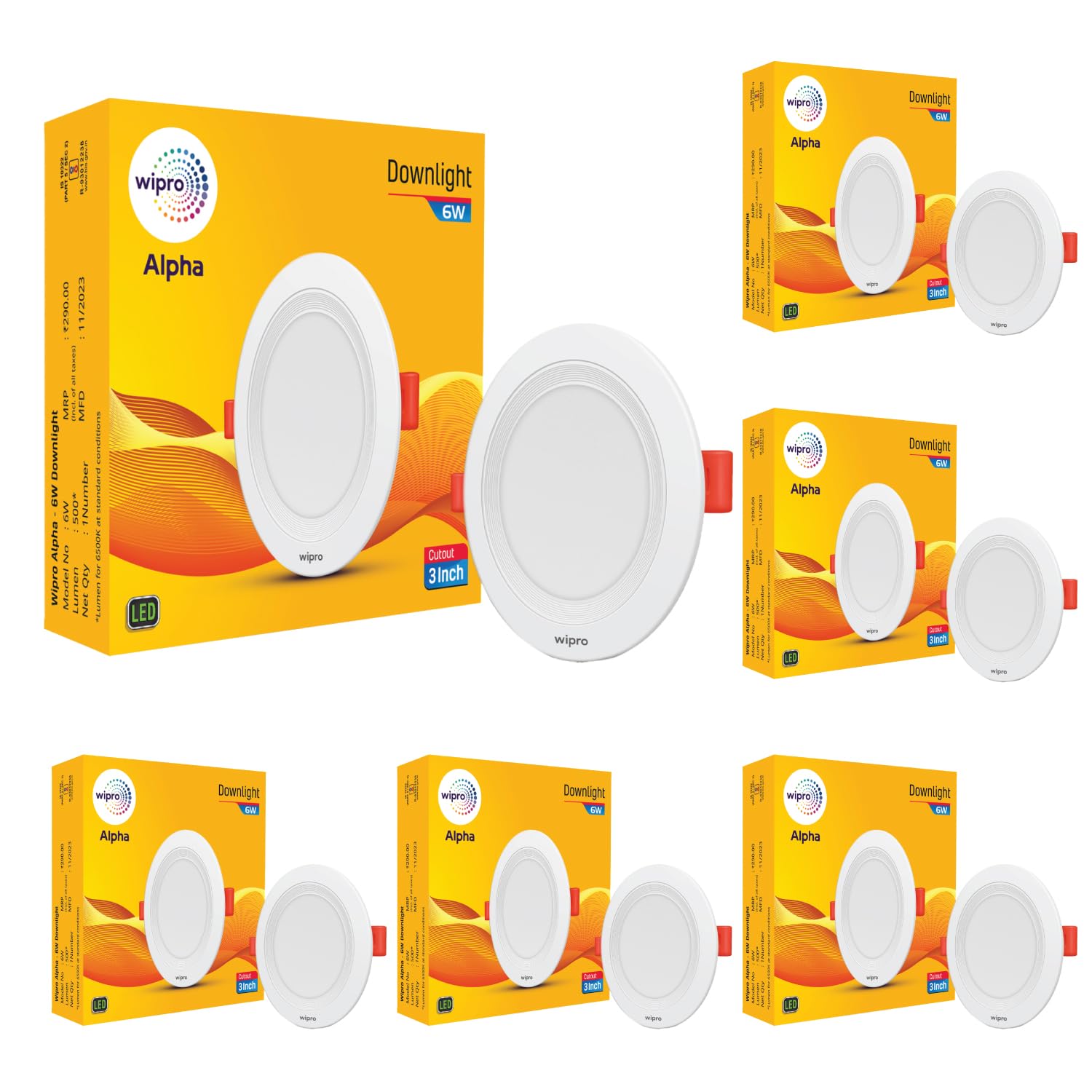 Wipro 6W Alpha Downlight for Junction Box | Red | 3 inch Cutout, 22mm Height | Surge Protection Upto 350 VA | High Voltage Protection Upto 4KV | Pack of 6