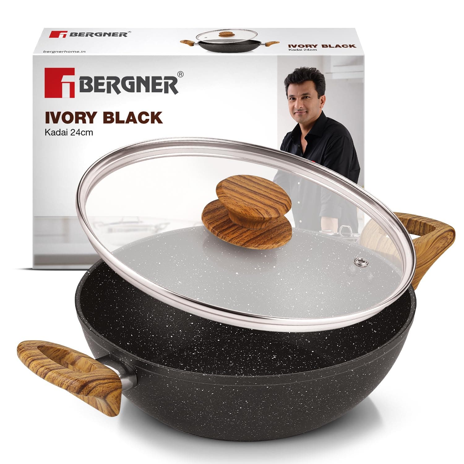 Bergner Ivory Black Granite Non-Stick Kadai with Lid, 24cm